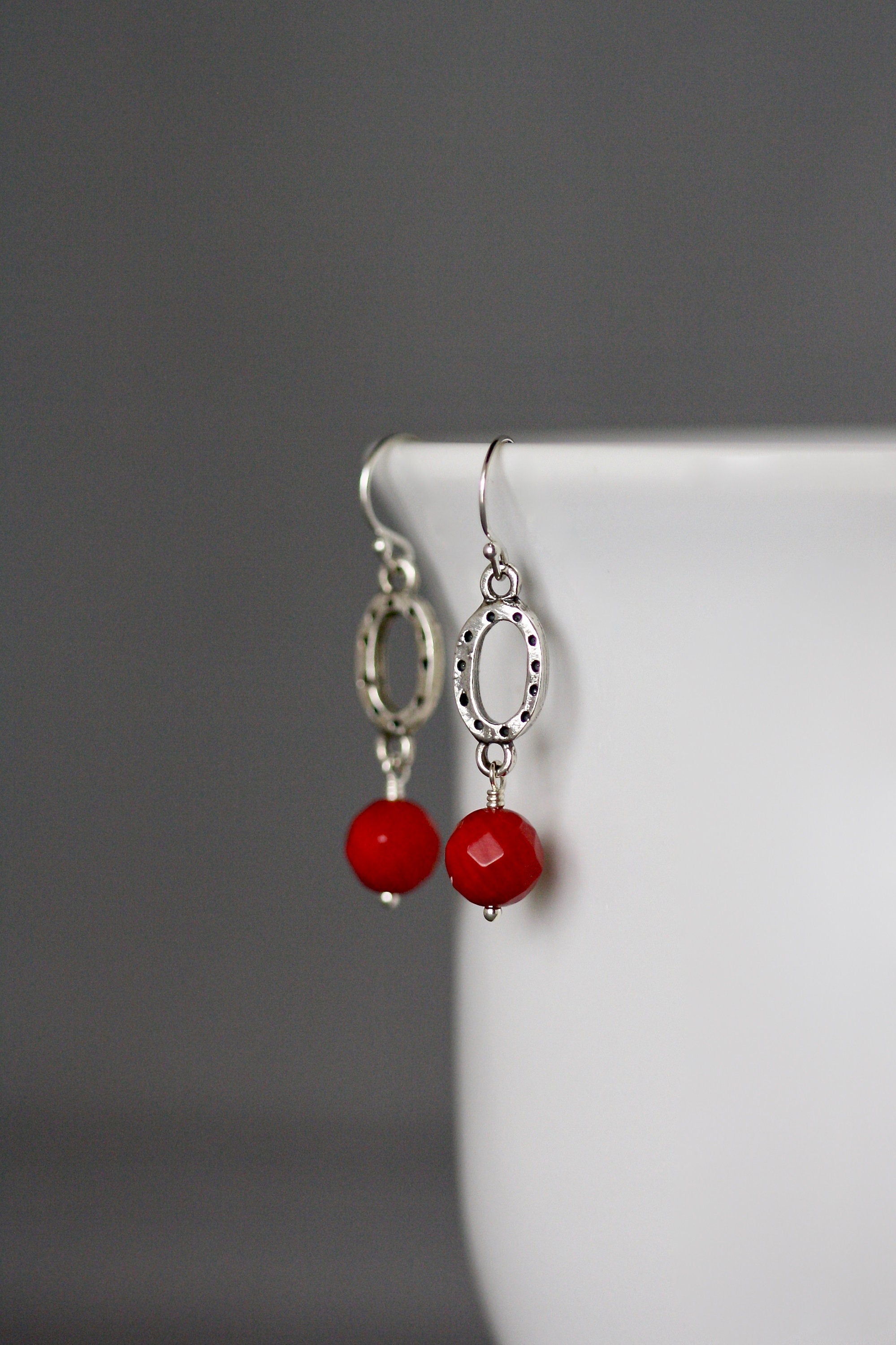 Red Coral and Bali Sterling Silver Oval Link Dangle Earrings