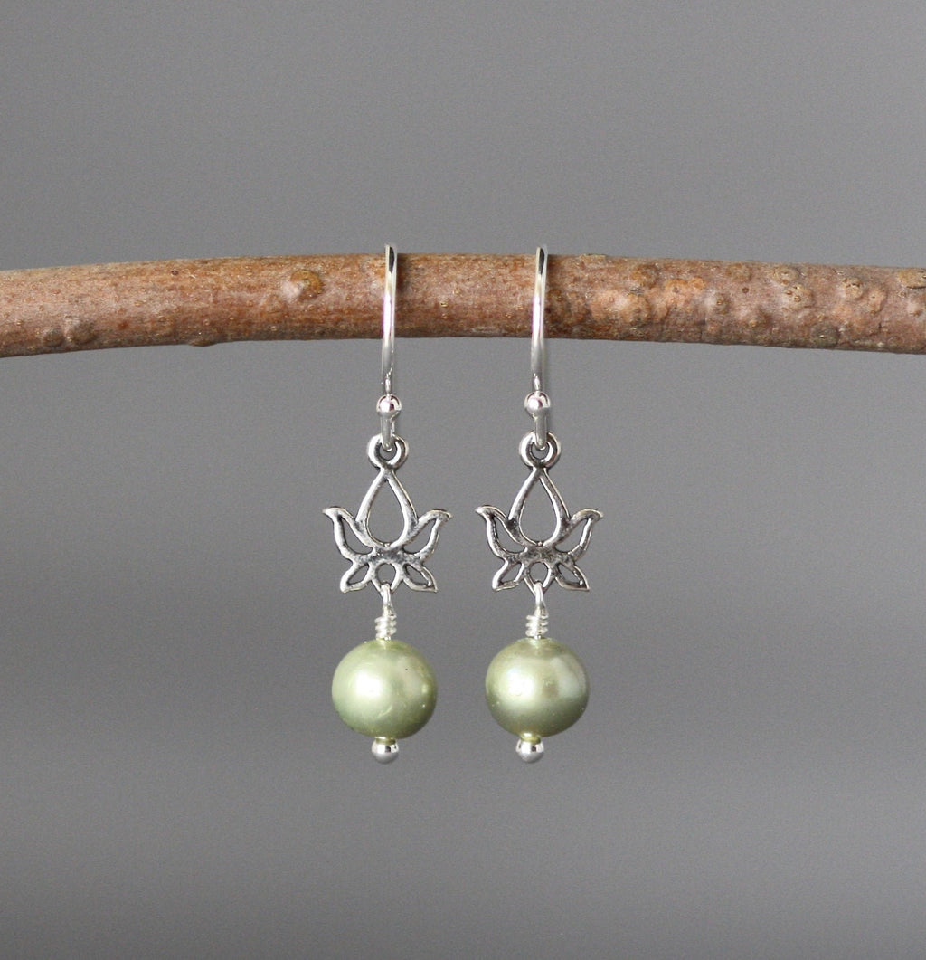 Green Freshwater Pearl and Bali Silver Lotus Flower Dangle Earrings