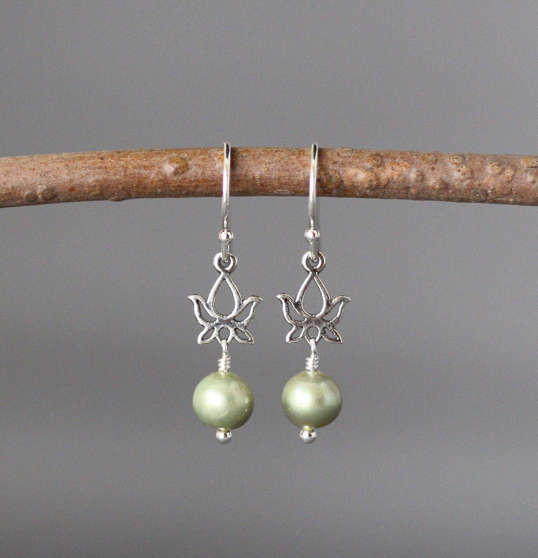Green Freshwater Pearl and Bali Silver Lotus Flower Dangle Earrings