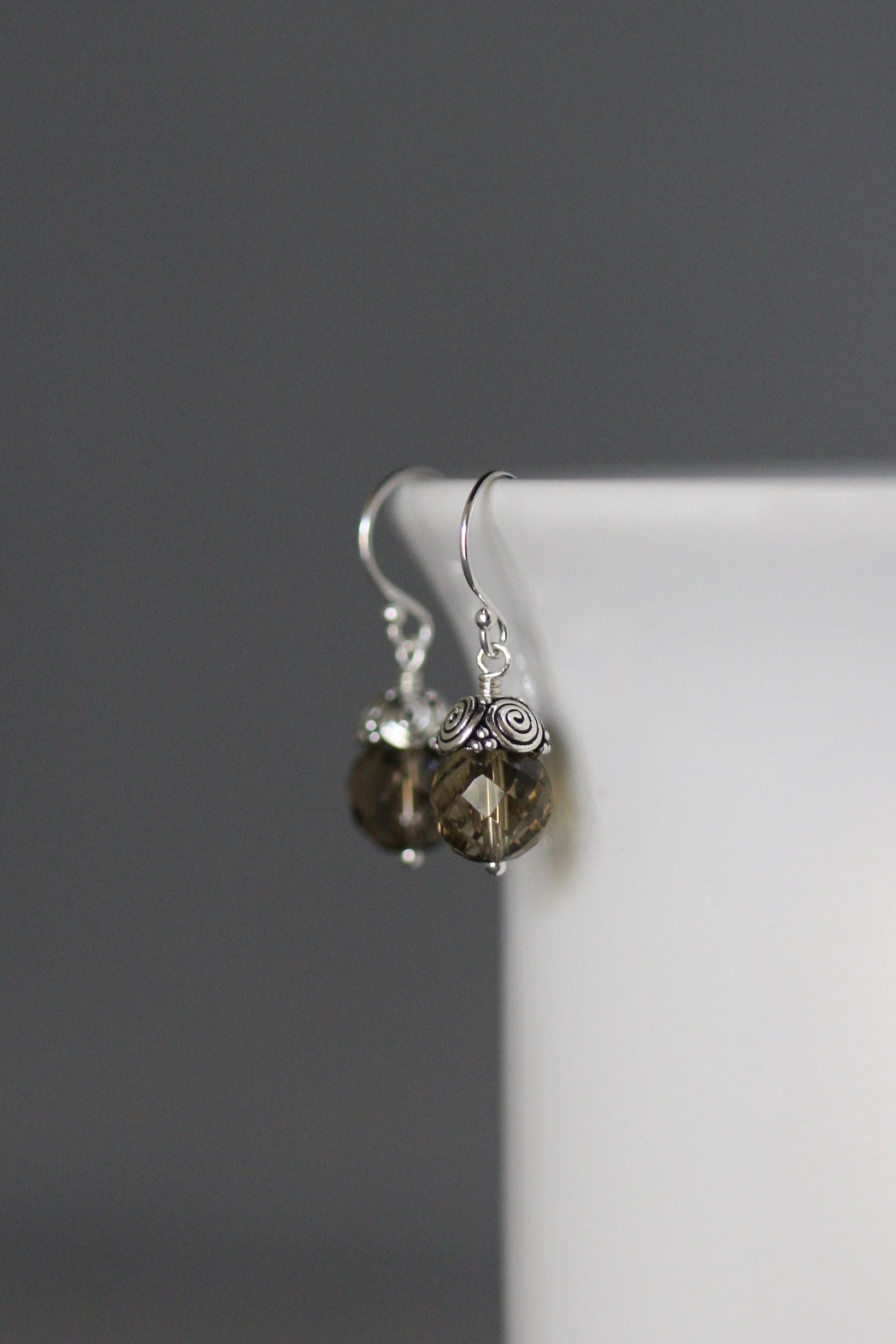 Smokey Quartz Round Stone Dangle Earrings with Bali Sterling Silver Caps