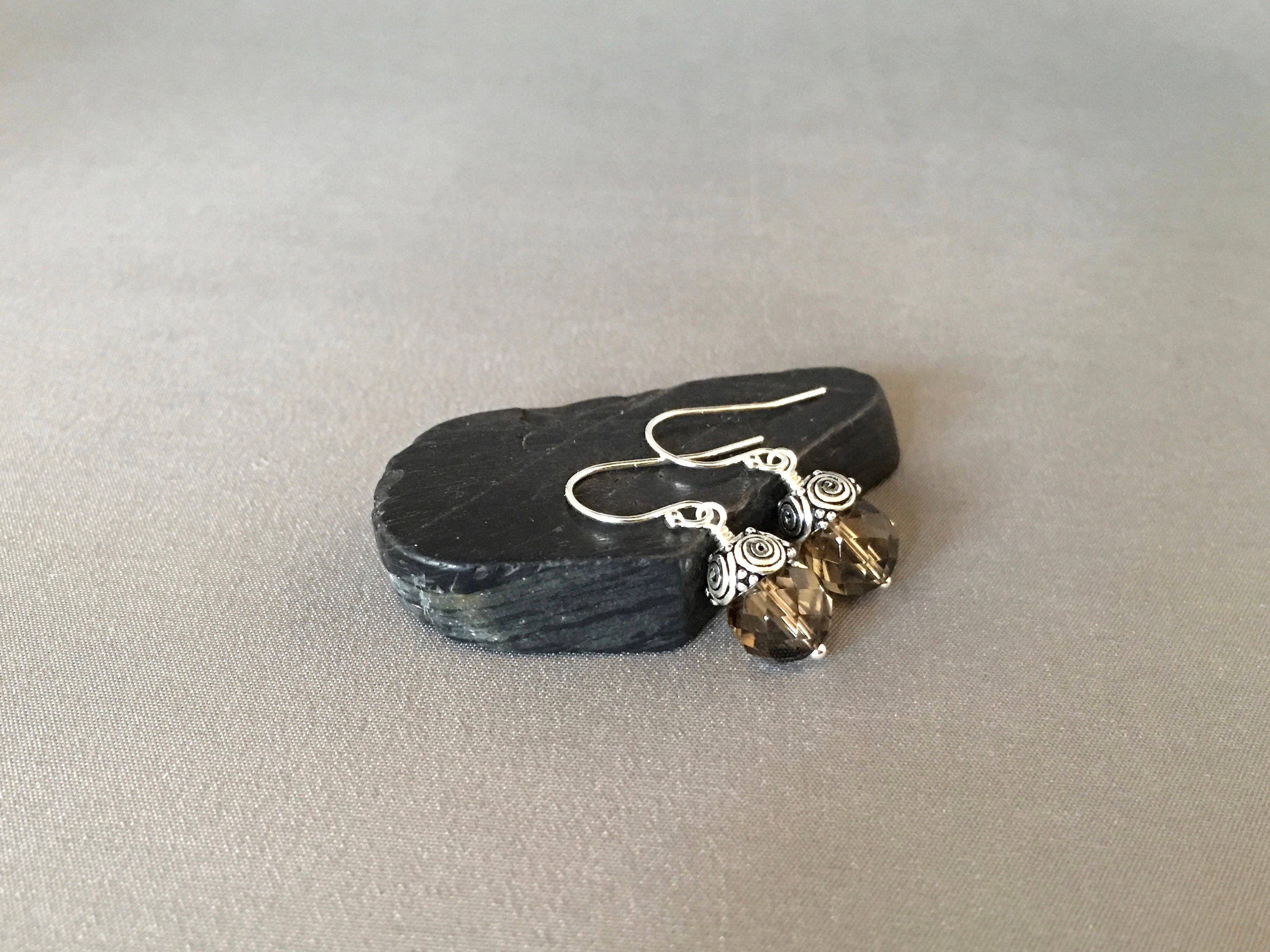 Smokey Quartz Round Stone Dangle Earrings with Bali Sterling Silver Caps