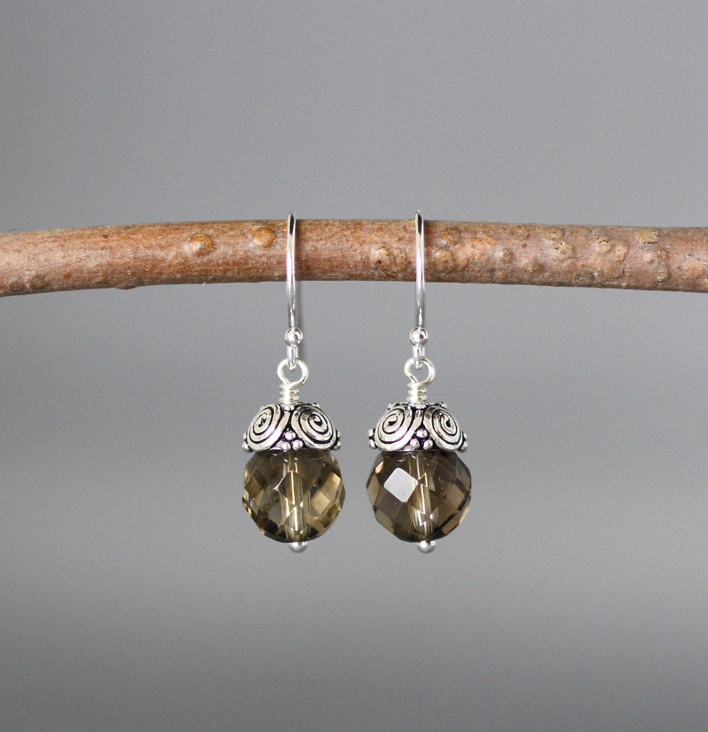 Smokey Quartz Round Stone Dangle Earrings with Bali Sterling Silver Caps