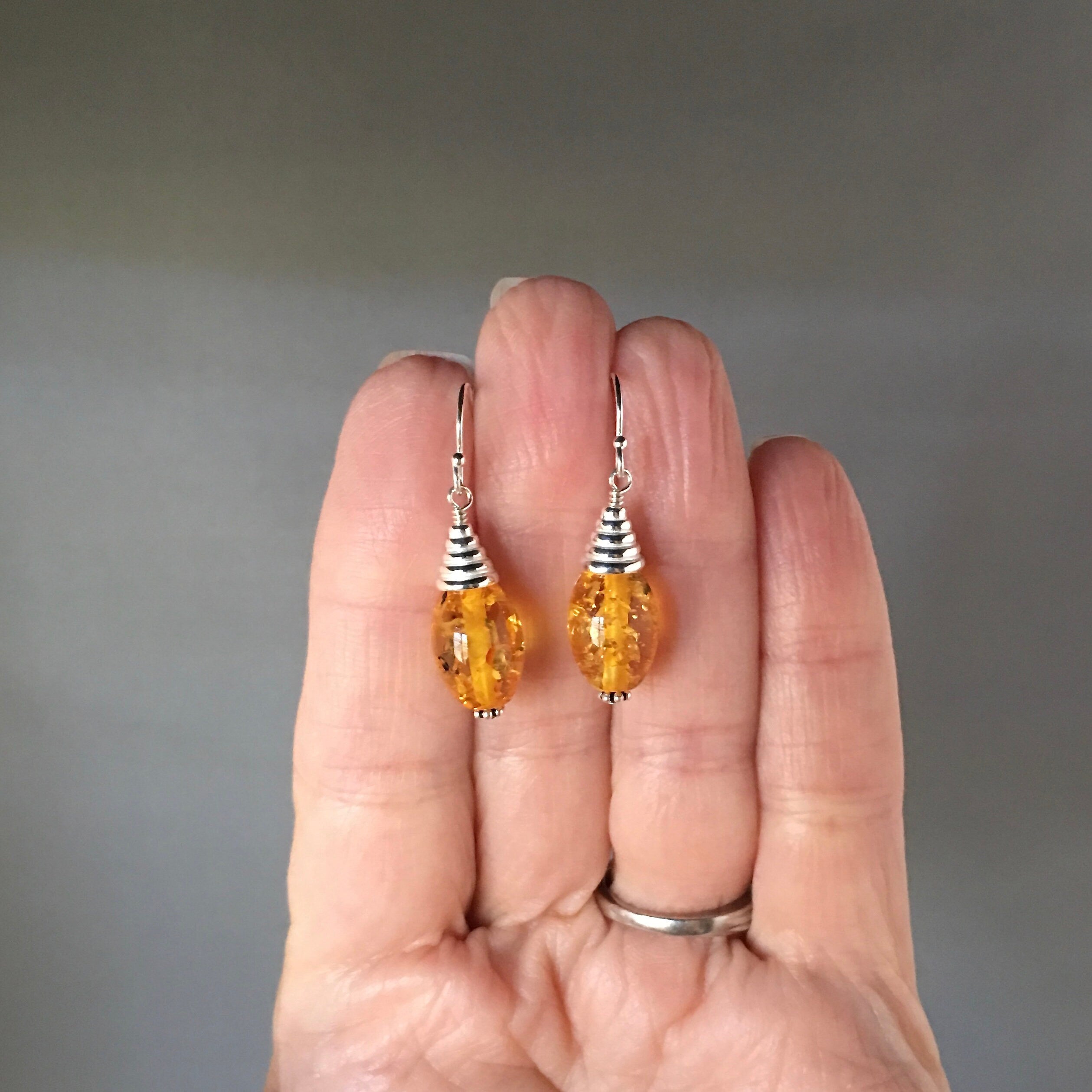 Yellow Amber Gemstone Oval Dangle Earrings with Bali Sterling Silver Caps