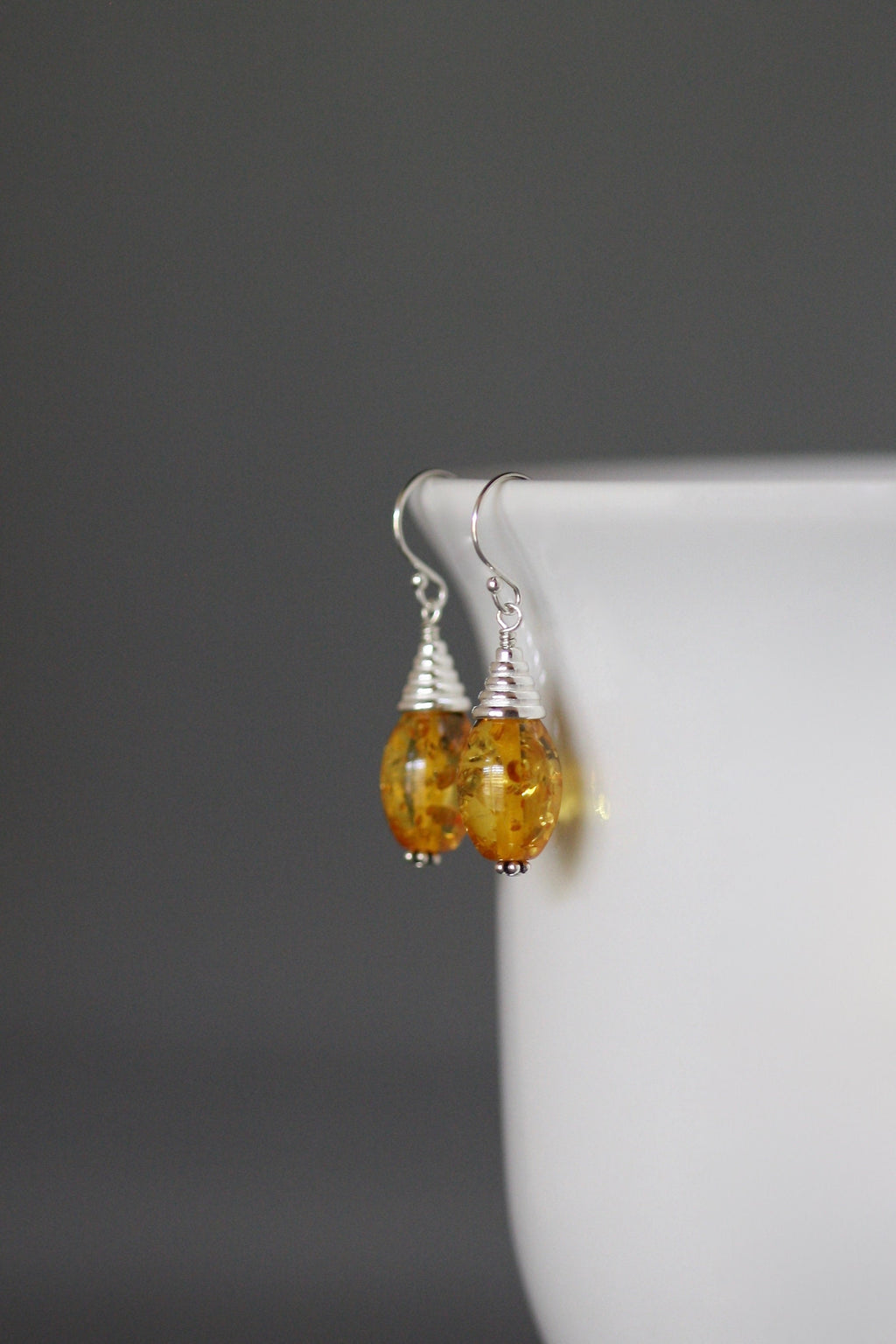 Yellow Amber Gemstone Oval Dangle Earrings with Bali Sterling Silver Caps