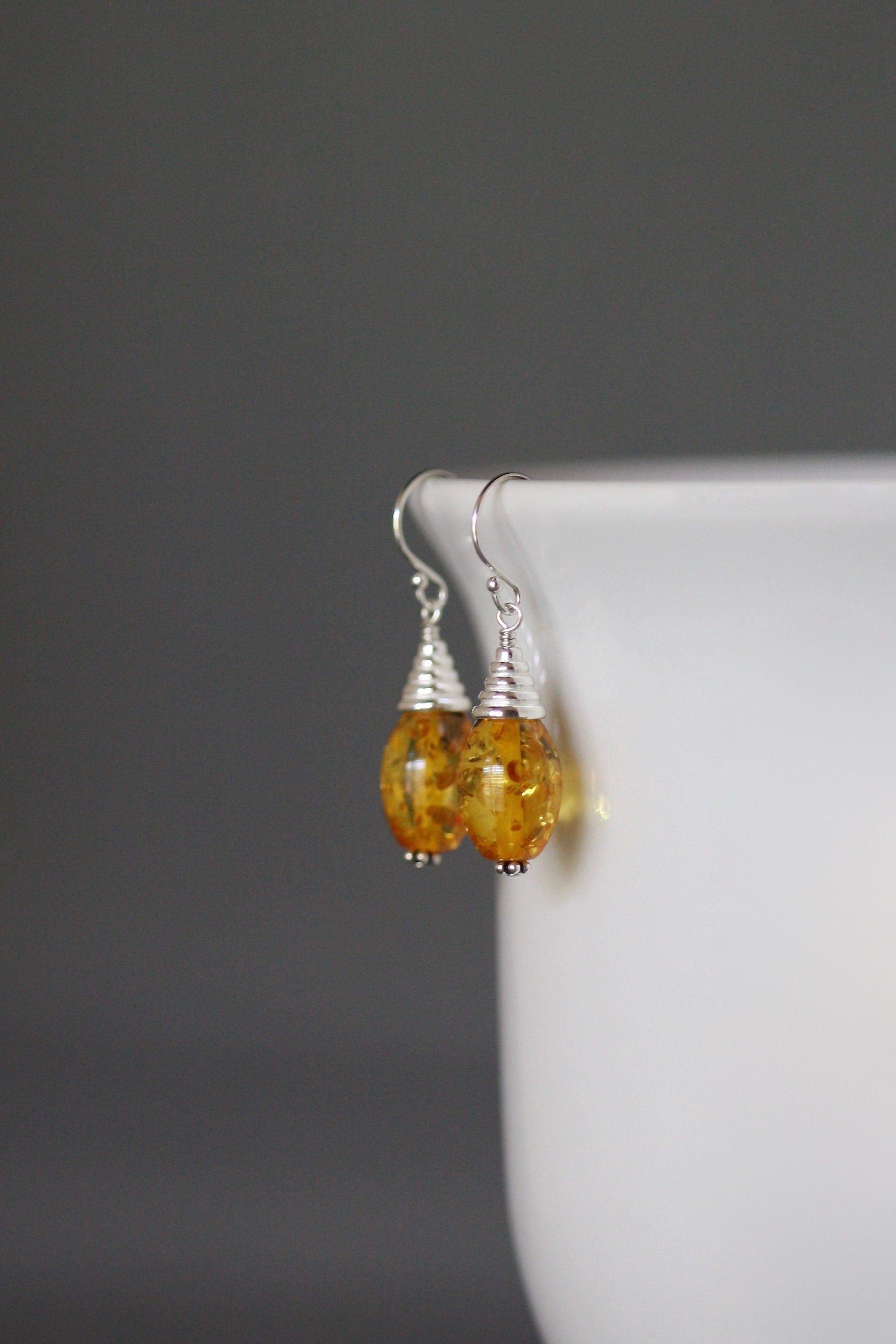 Yellow Amber Gemstone Oval Dangle Earrings with Bali Sterling Silver Caps