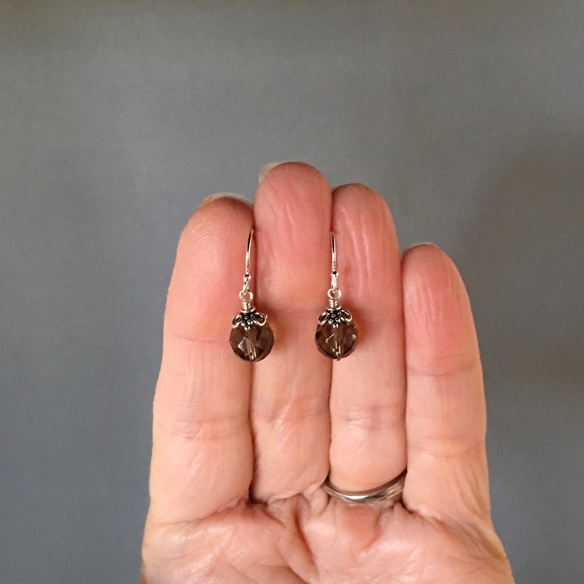 Smoky Quartz Round Stone Dangle Earrings with Bali Sterling Silver Caps