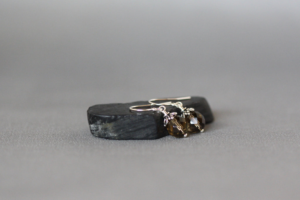 Smoky Quartz Round Stone Dangle Earrings with Bali Sterling Silver Caps