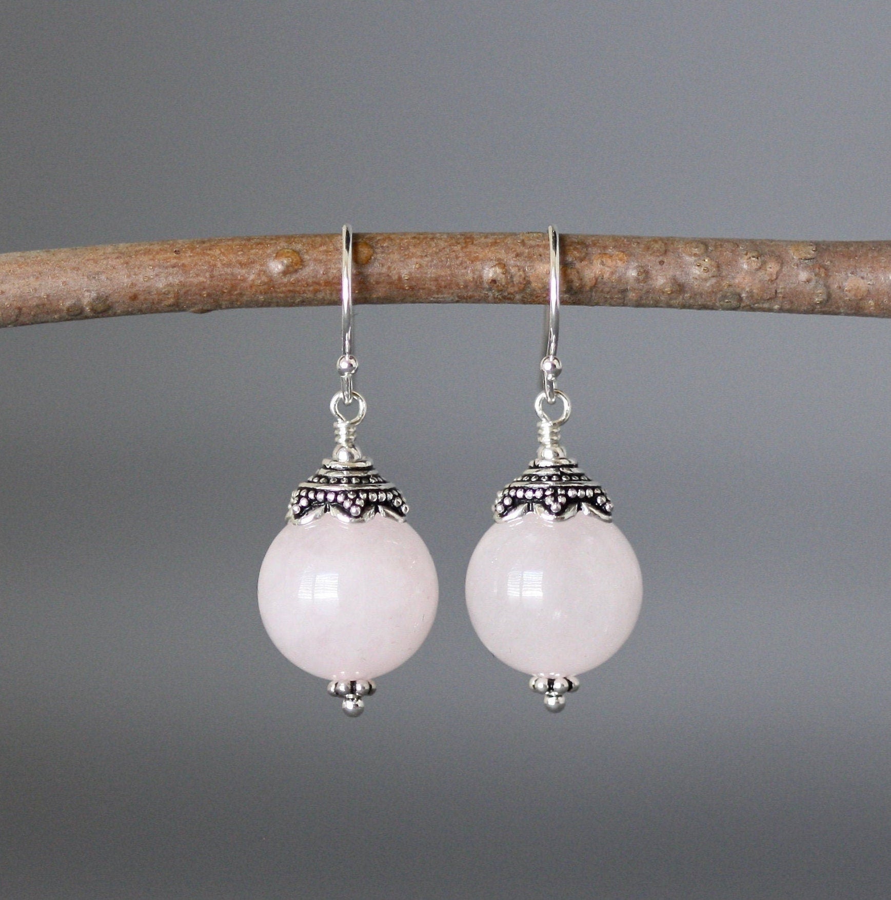 Rose Quartz Earrings with Bali Sterling Silver Caps