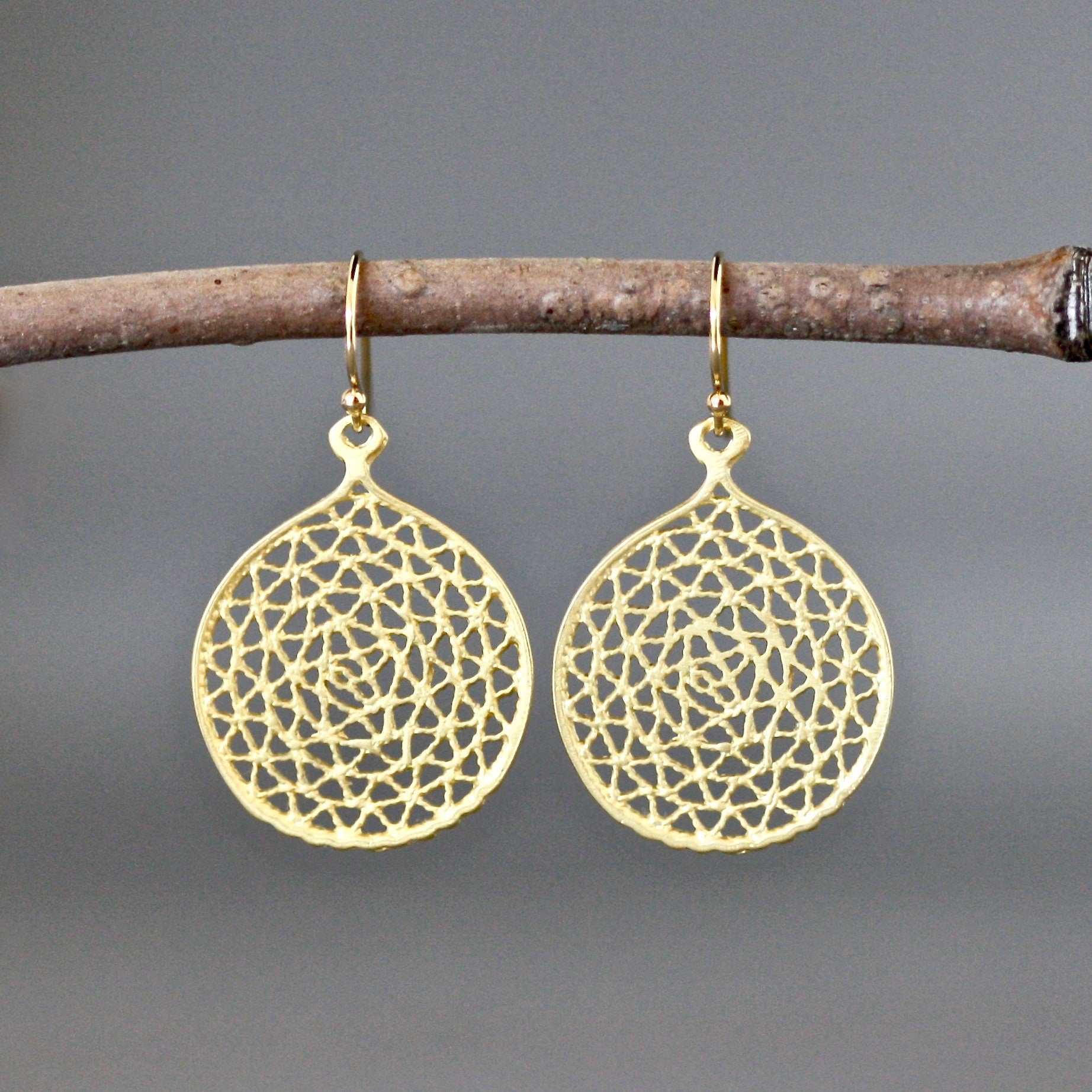 Matte Gold Vermeil Filigree Charm Dangle Earrings