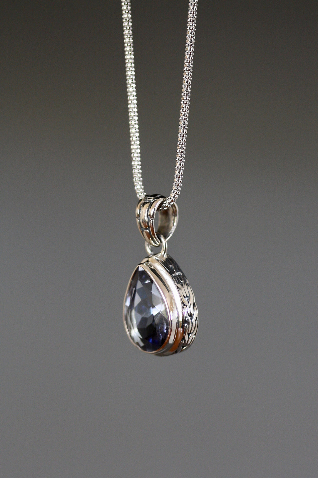 Blue Mystic Quartz Teardrop Bezel Pendant in Bali Sterling Silver
