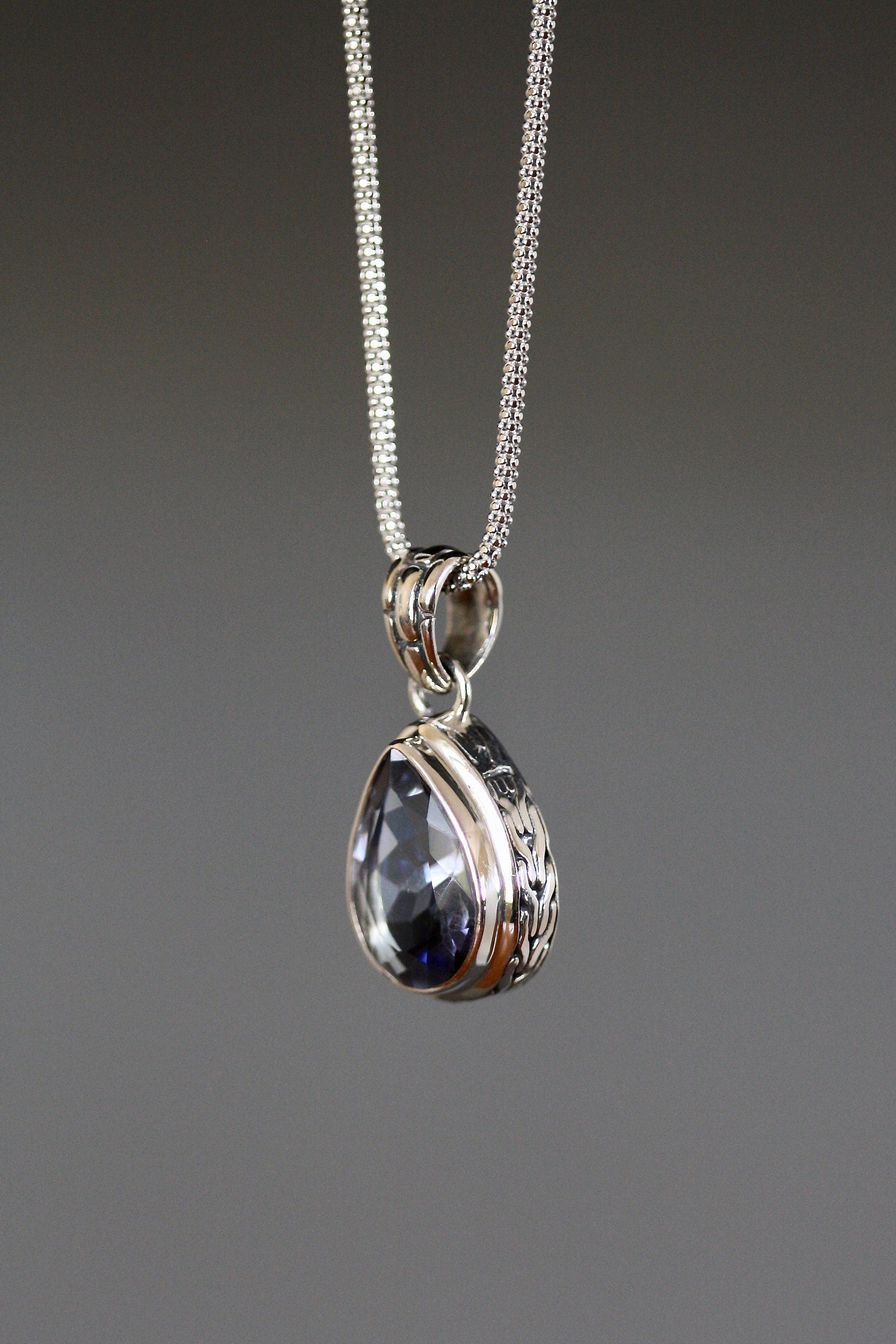 Blue Mystic Quartz Teardrop Bezel Pendant in Bali Sterling Silver