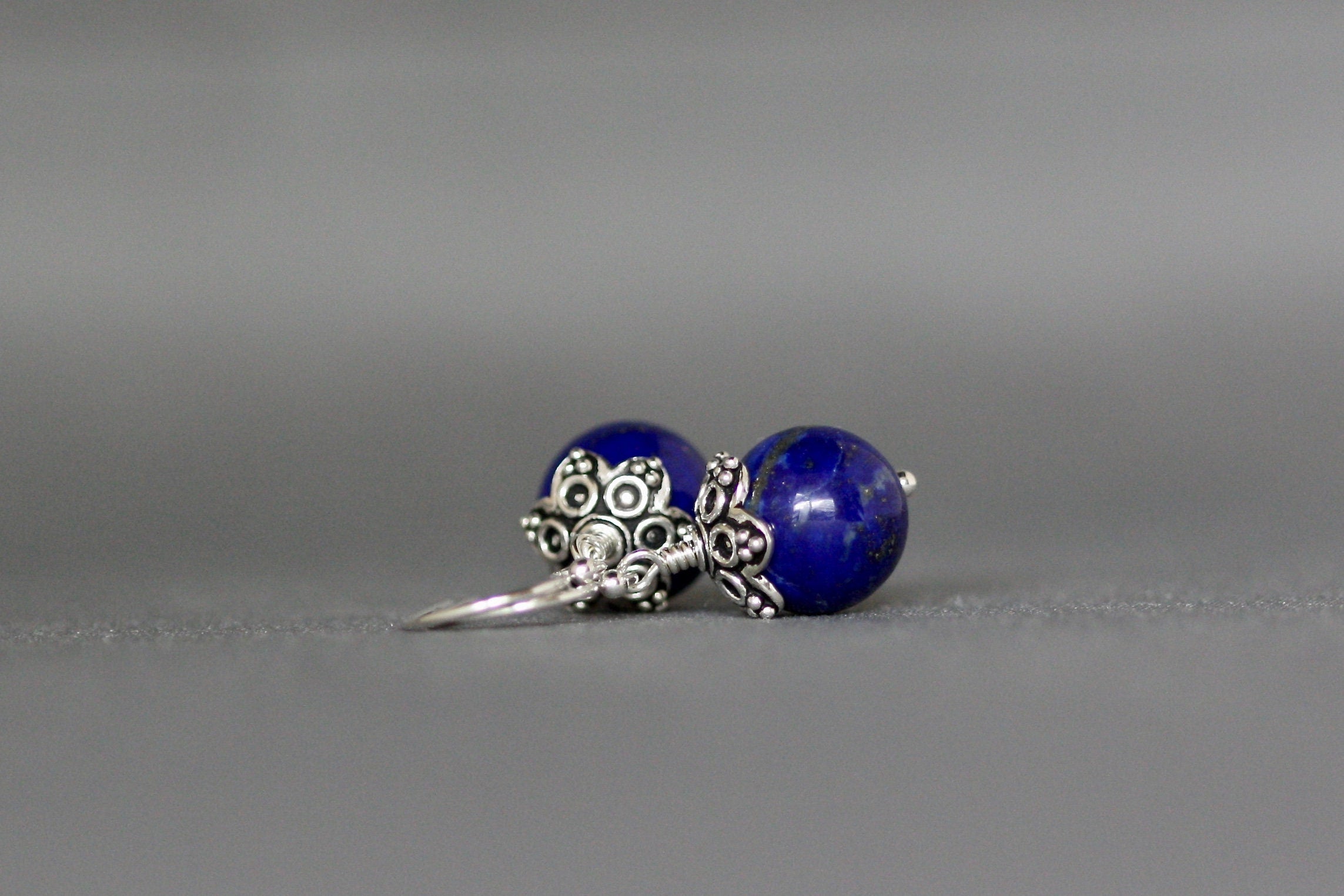 Lapis Lazuli and Bali Sterling Silver Dangle Earrings