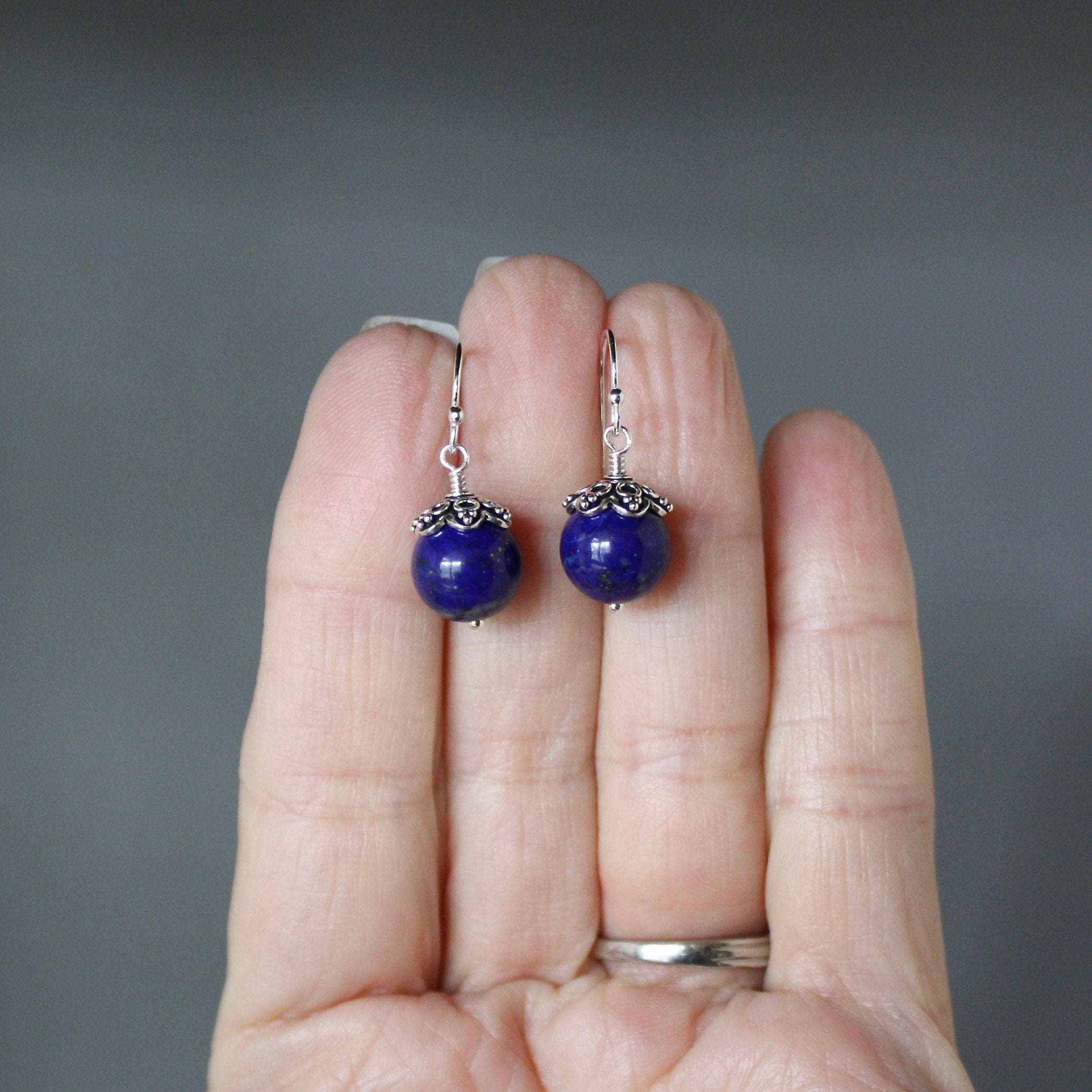 Lapis Lazuli and Bali Sterling Silver Dangle Earrings