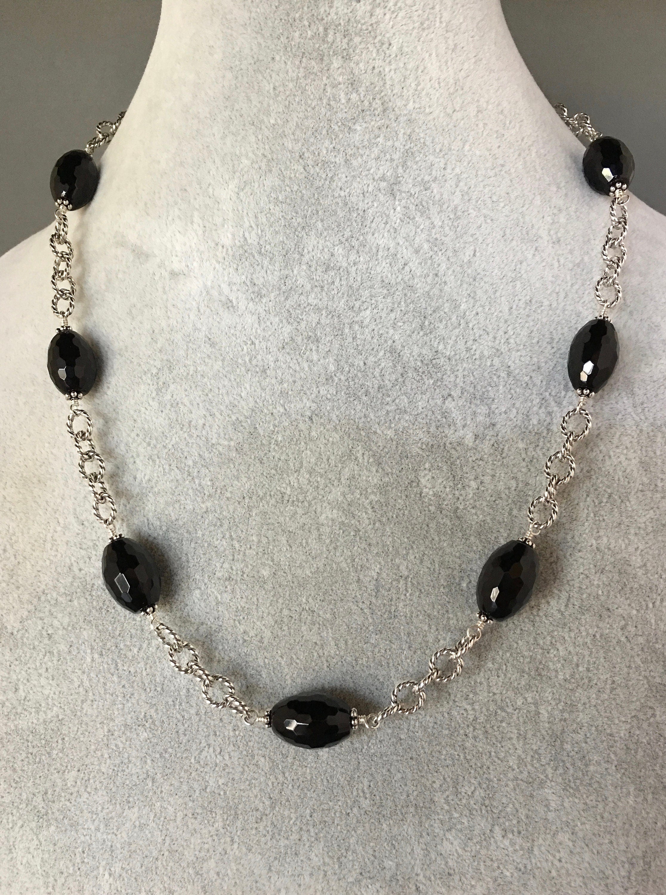 Black Onyx Barrel Stone Necklace and Earring Set in Sterling Silver
