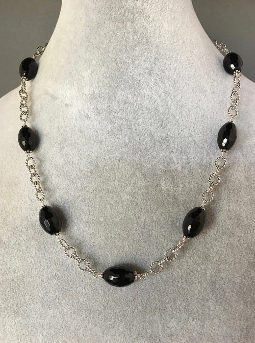 Black Onyx Barrel Stone Necklace and Earring Set in Sterling Silver