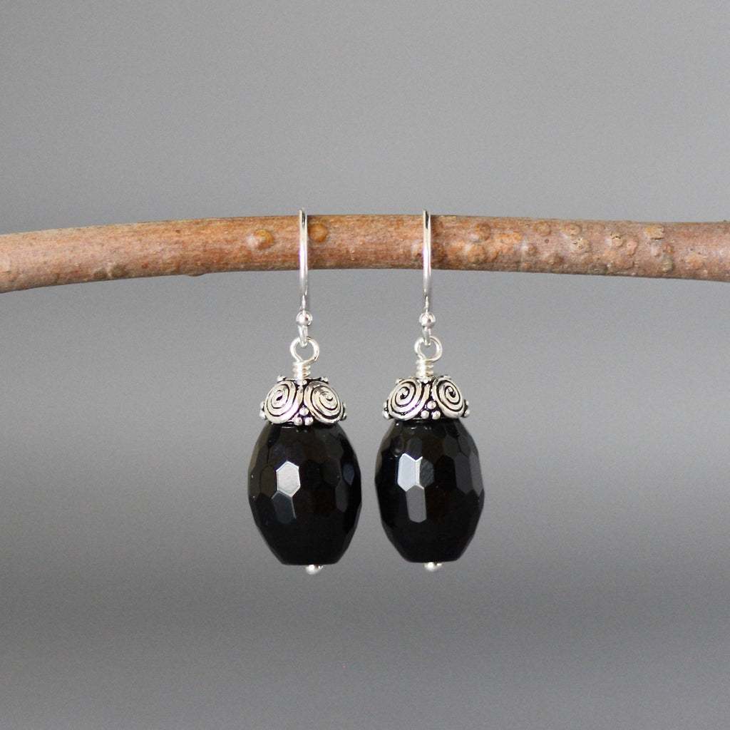 Black Onyx Barrel Stone Necklace and Earring Set in Sterling Silver