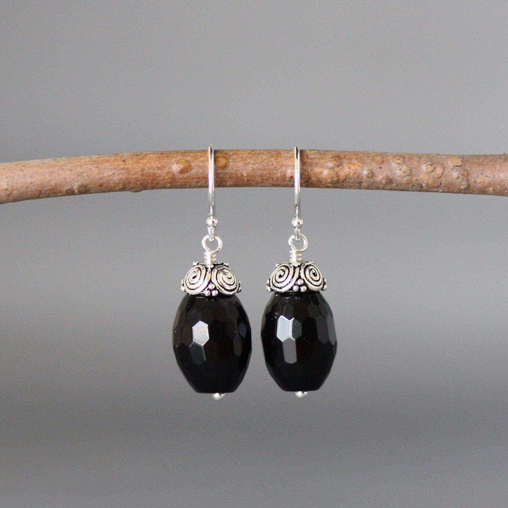 Black Onyx Barrel Stone Necklace and Earring Set in Sterling Silver