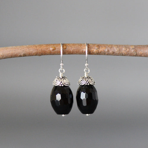 Black barrel stone drop earrings with sterling silver filigree-style caps
