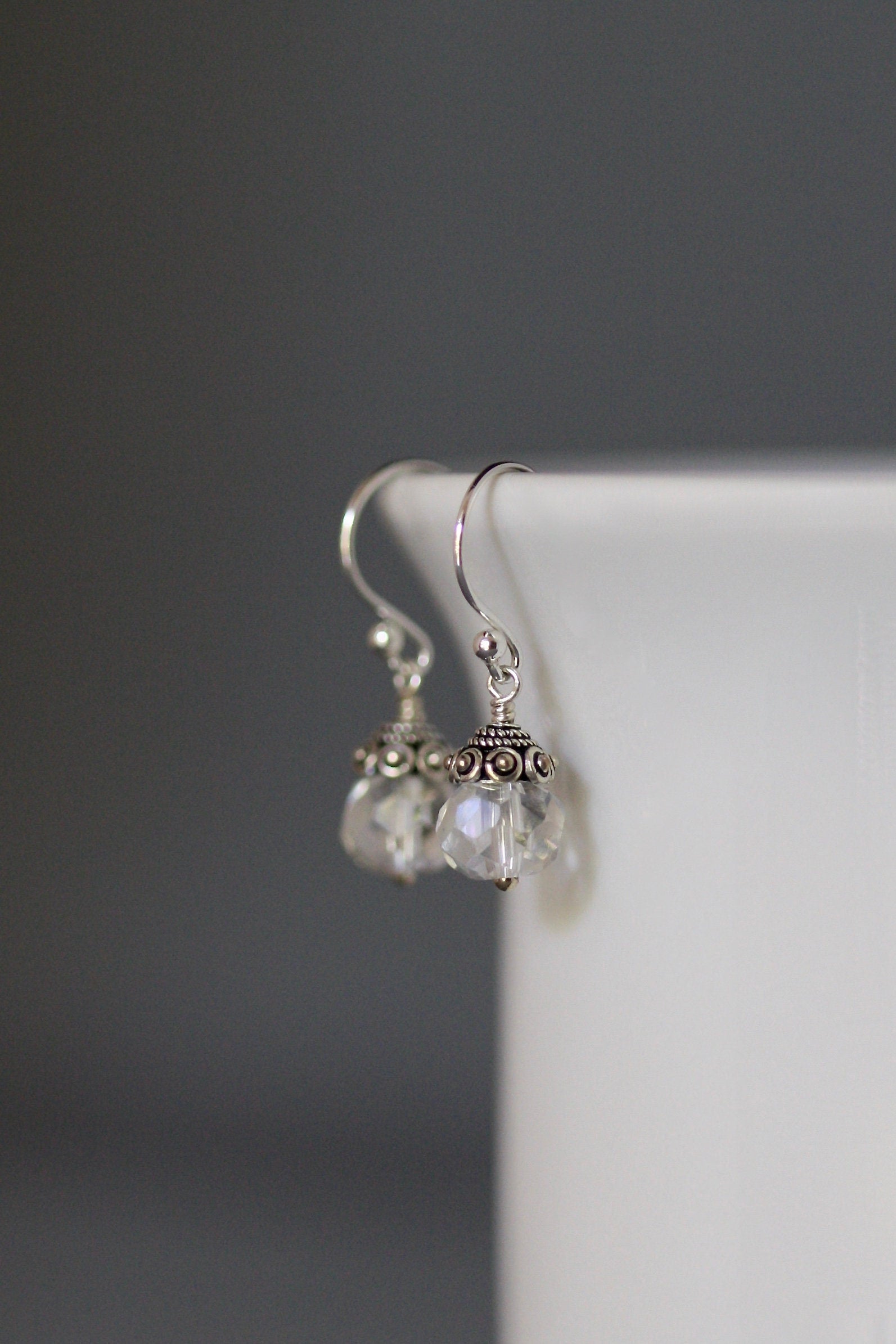 Aurora Borealis Quartz Crystal and Bali Sterling Silver Dangle Earrings