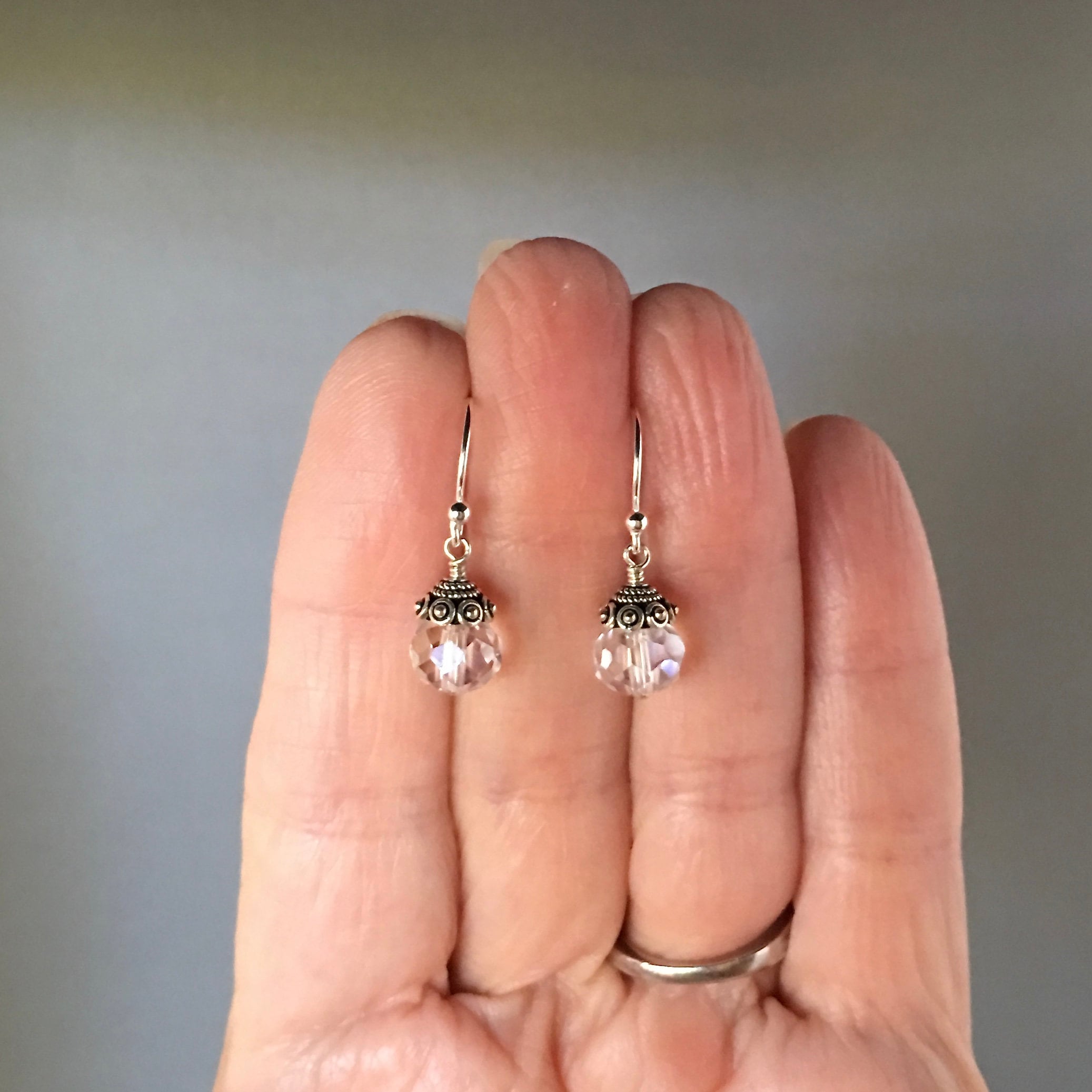 Aurora Borealis Quartz Crystal and Bali Sterling Silver Dangle Earrings