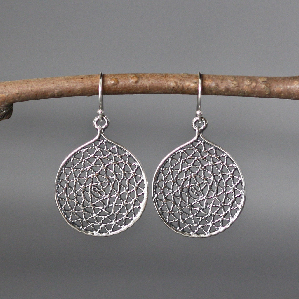 Round Bali Sterling Silver Filigree Charm Statement Dangle Earrings
