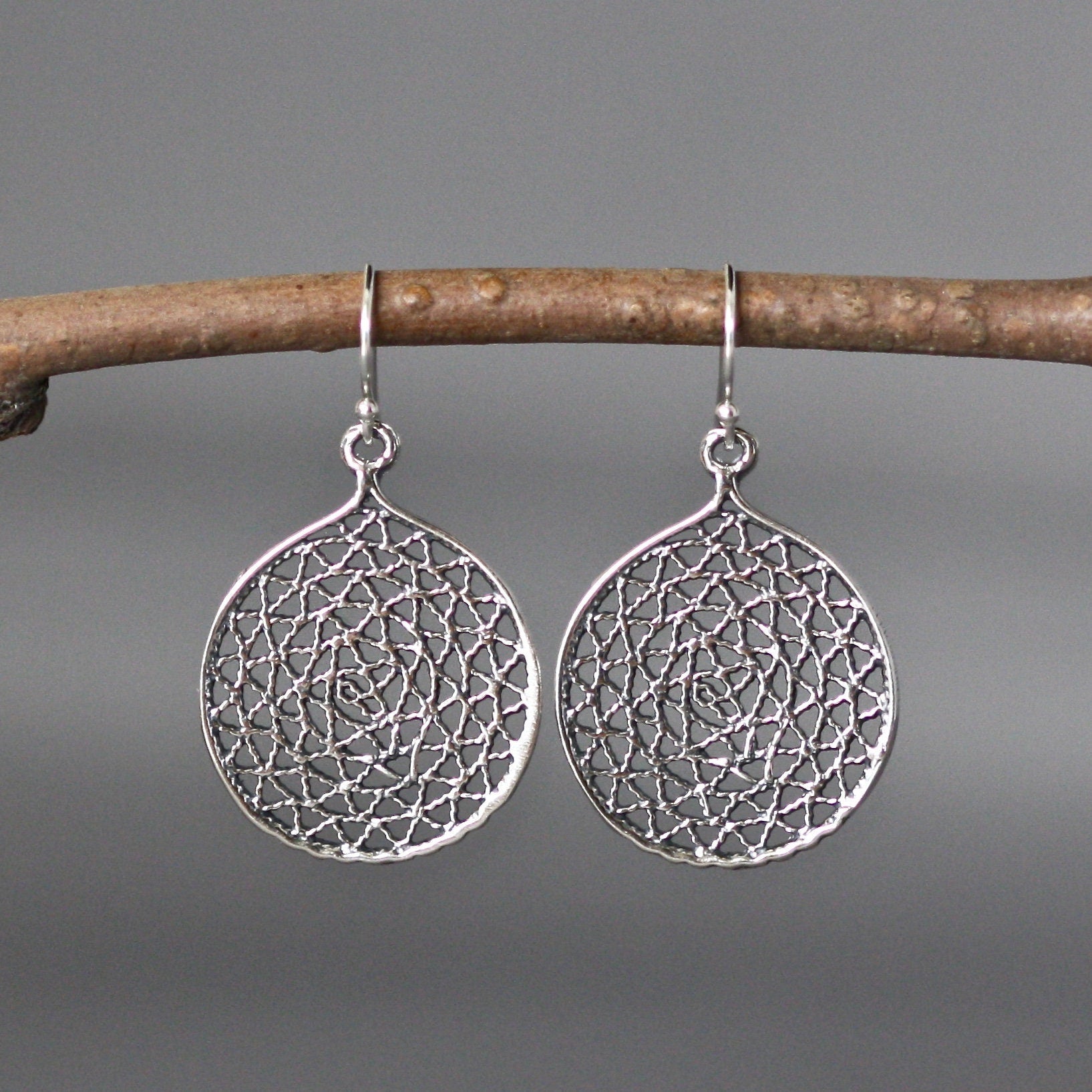 Round Bali Sterling Silver Filigree Charm Statement Dangle Earrings