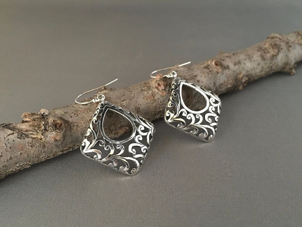 Large Bali Sterling Silver Filigree Statement Dangle Earrings