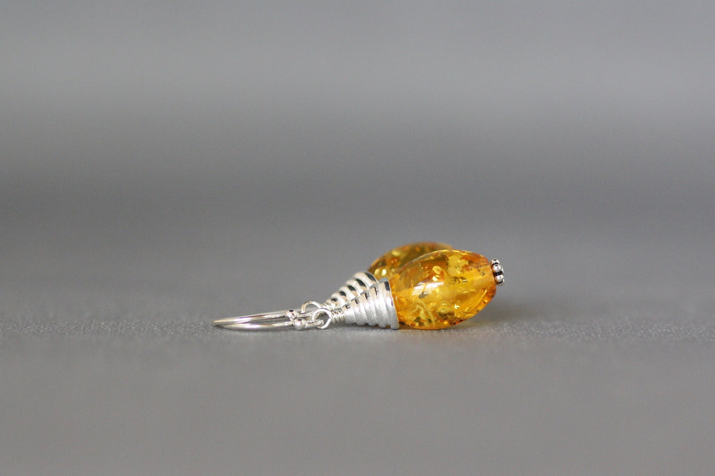 Yellow Amber Gemstone Oval Dangle Earrings with Bali Sterling Silver Caps