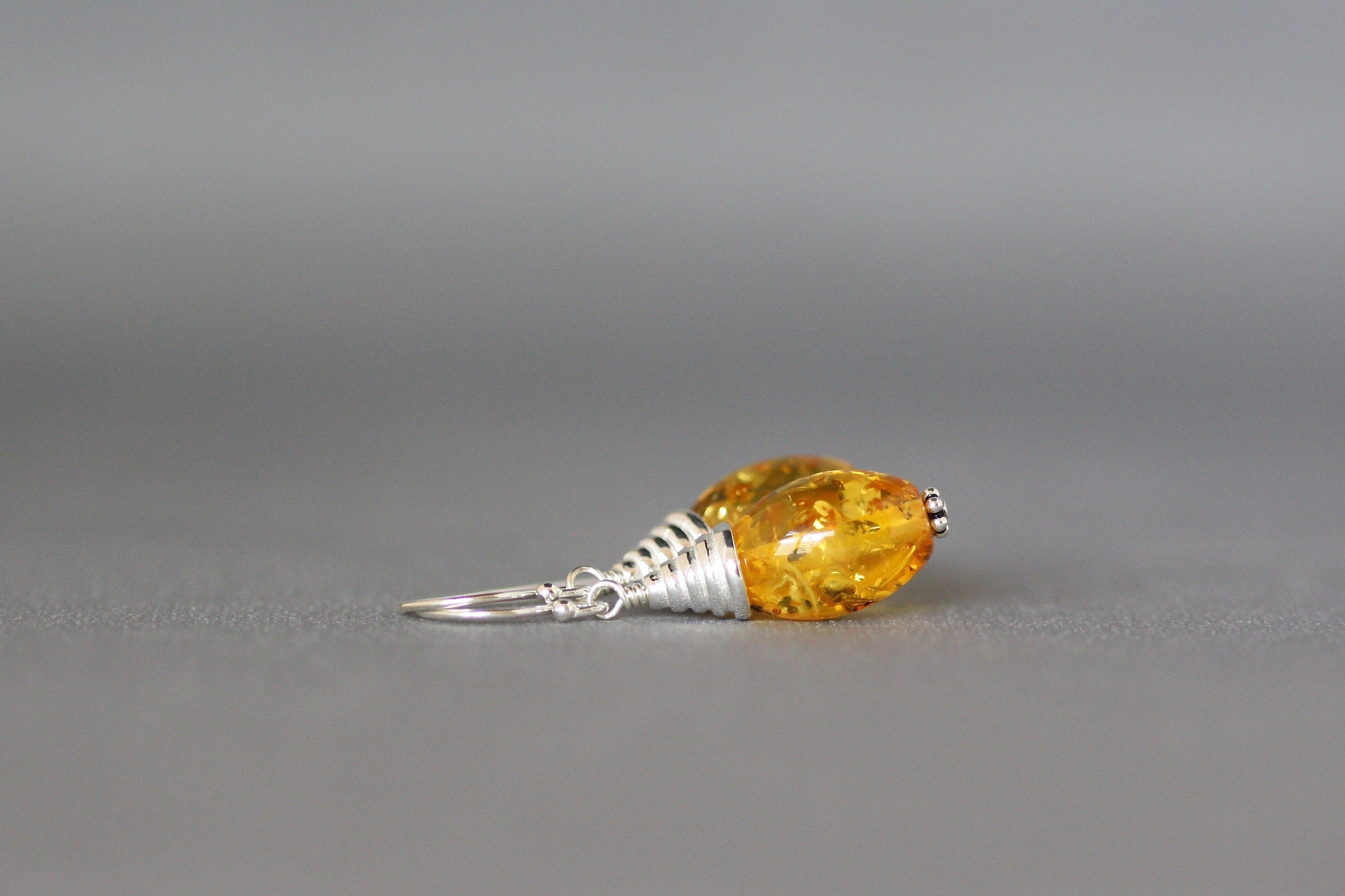 Yellow Amber Gemstone Oval Dangle Earrings with Bali Sterling Silver Caps