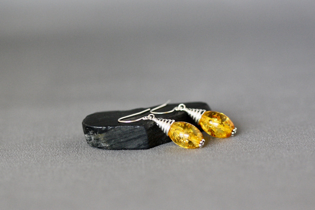 Yellow Amber Gemstone Oval Dangle Earrings with Bali Sterling Silver Caps