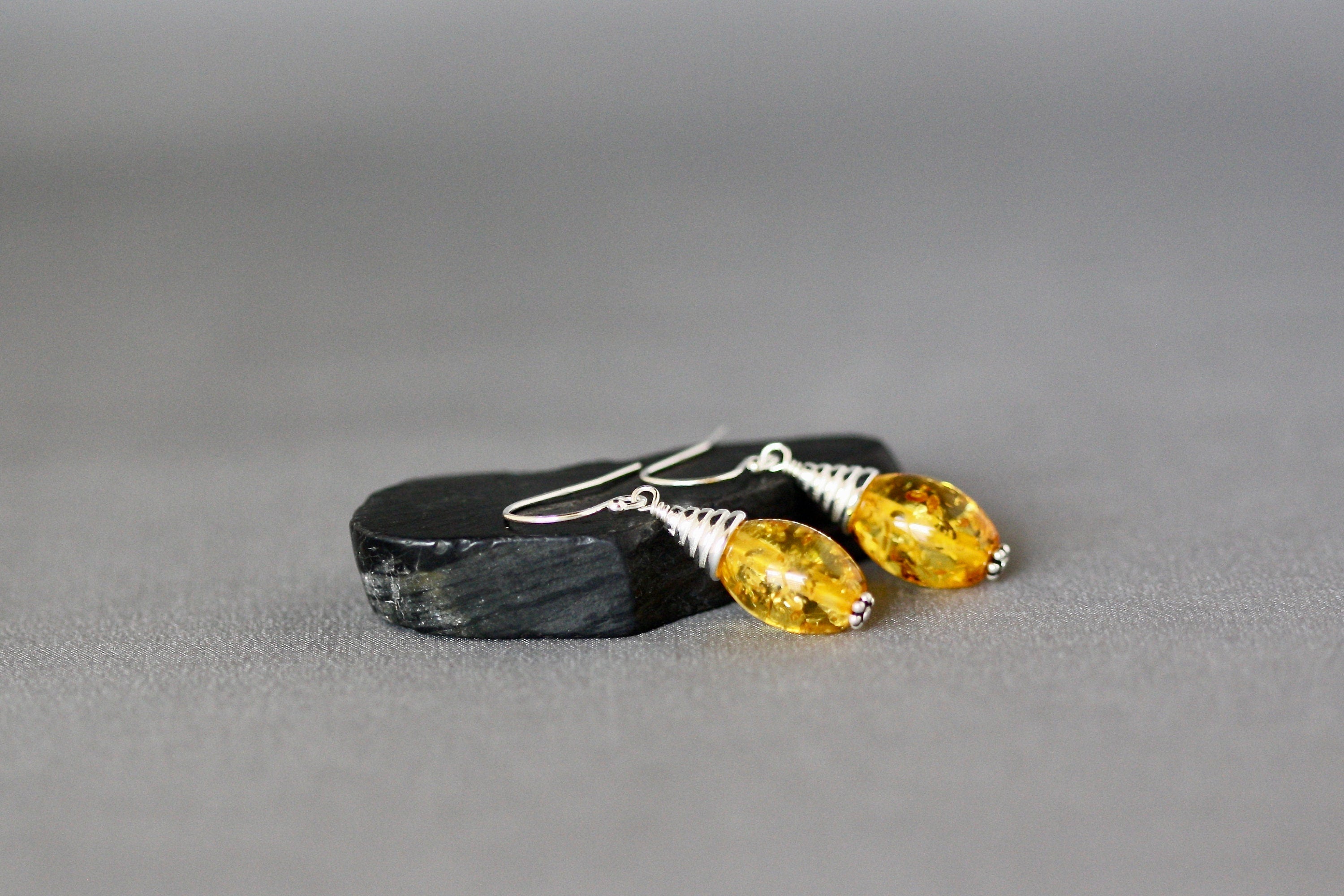 Yellow Amber Gemstone Oval Dangle Earrings with Bali Sterling Silver Caps