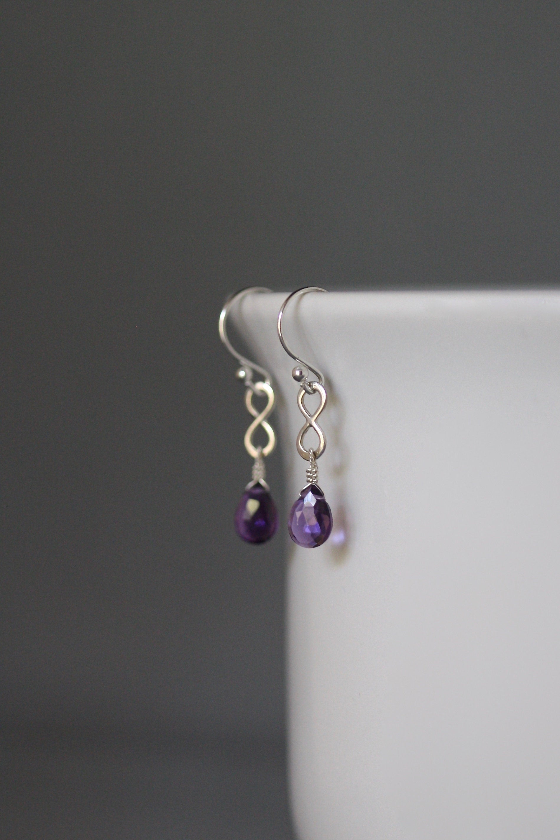 Amethyst Teardrop and Bali Sterling Silver Infinity Link Dangle Earrings