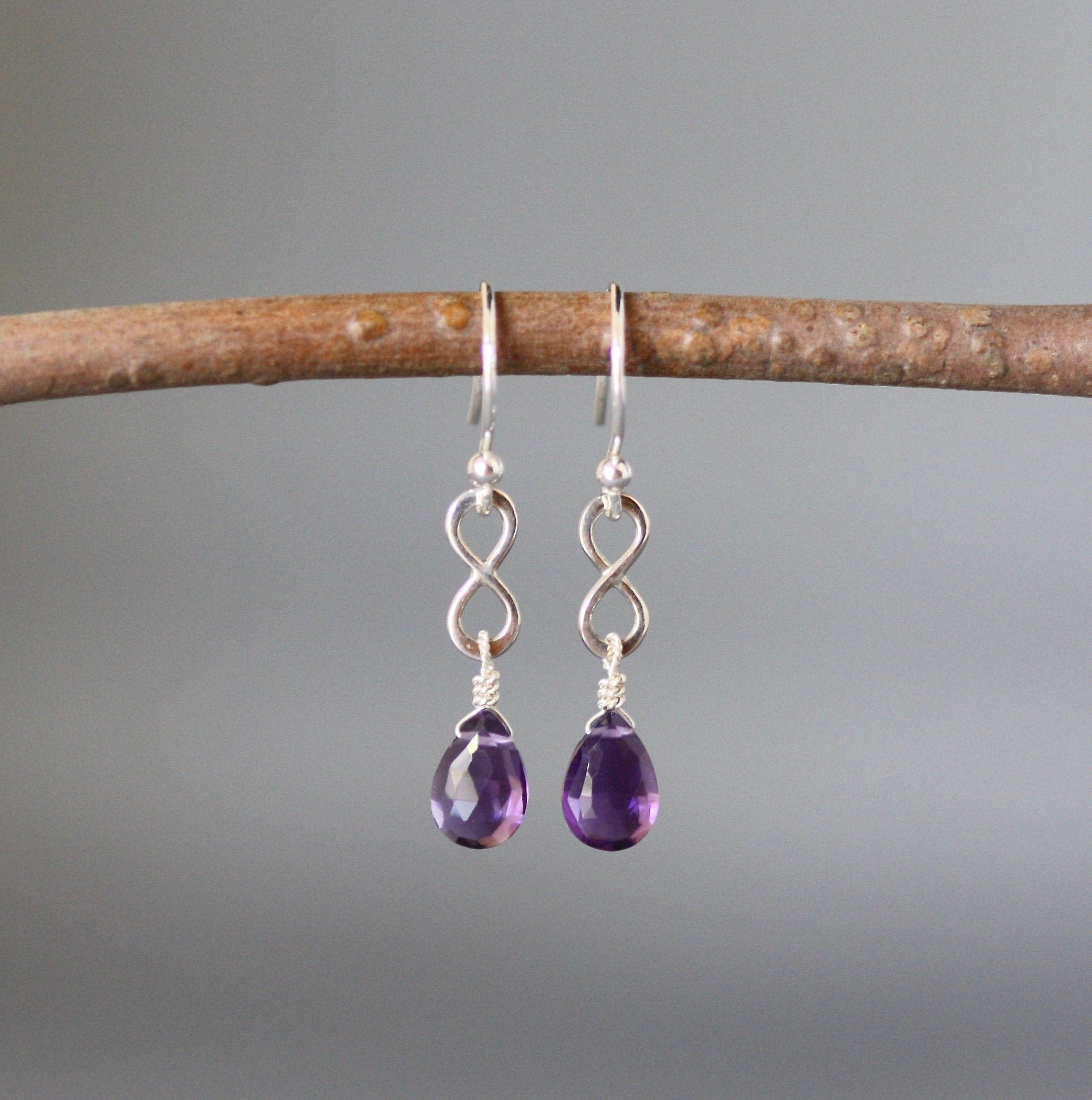 Amethyst Teardrop and Bali Sterling Silver Infinity Link Dangle Earrings