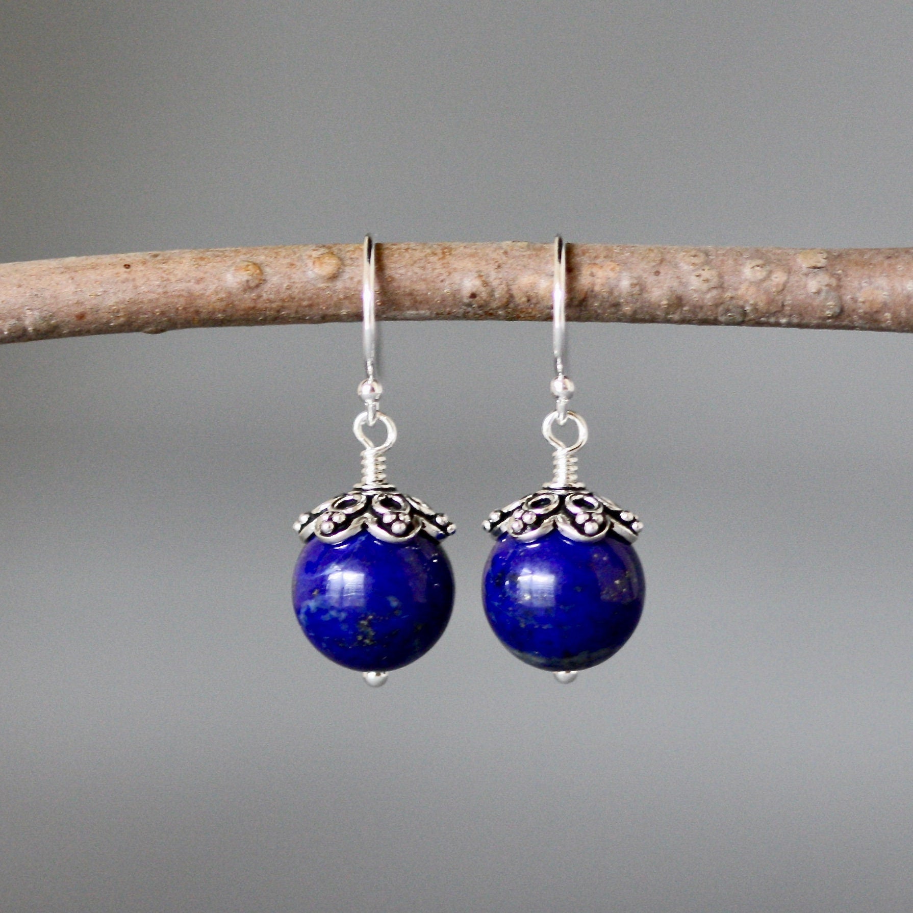 Lapis Lazuli and Bali Sterling Silver Dangle Earrings
