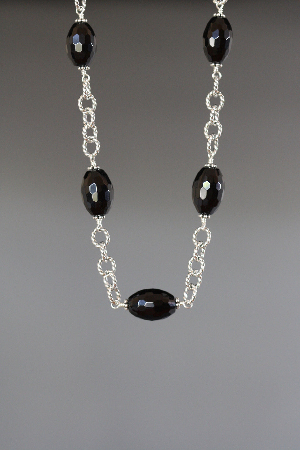 Black Onyx Barrel Stone Necklace and Earring Set in Sterling Silver