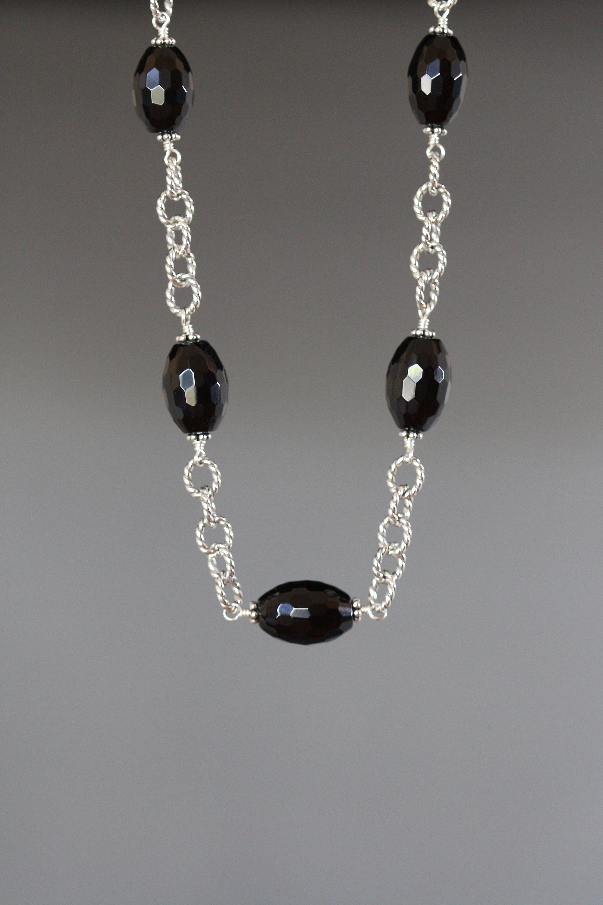 Black Onyx Barrel Stone Necklace and Earring Set in Sterling Silver
