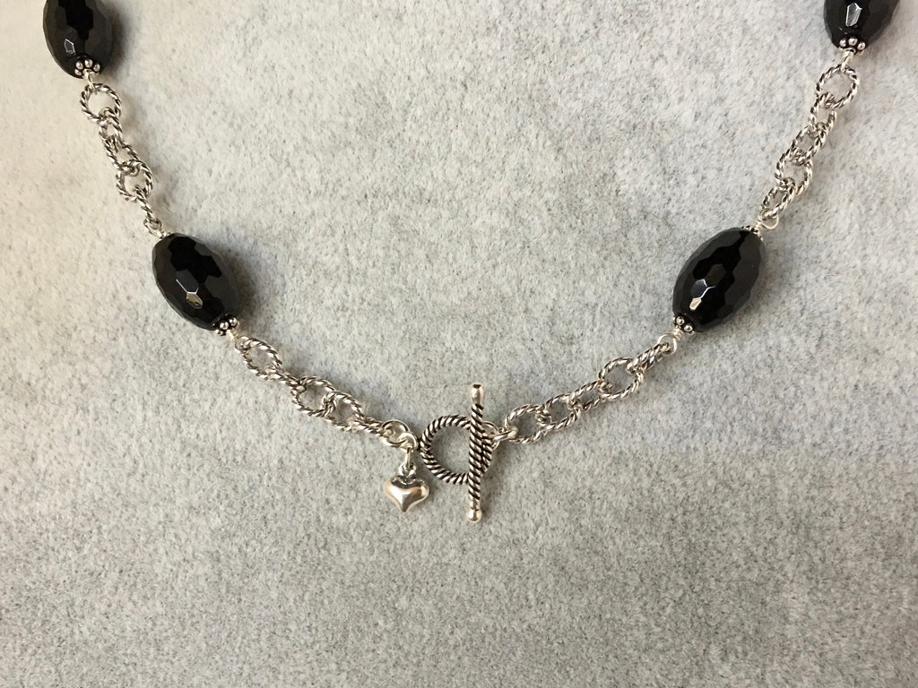 Black Onyx Barrel Stone Necklace and Earring Set in Sterling Silver