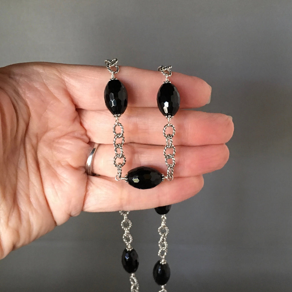 Black Onyx Barrel Stone Necklace and Earring Set in Sterling Silver