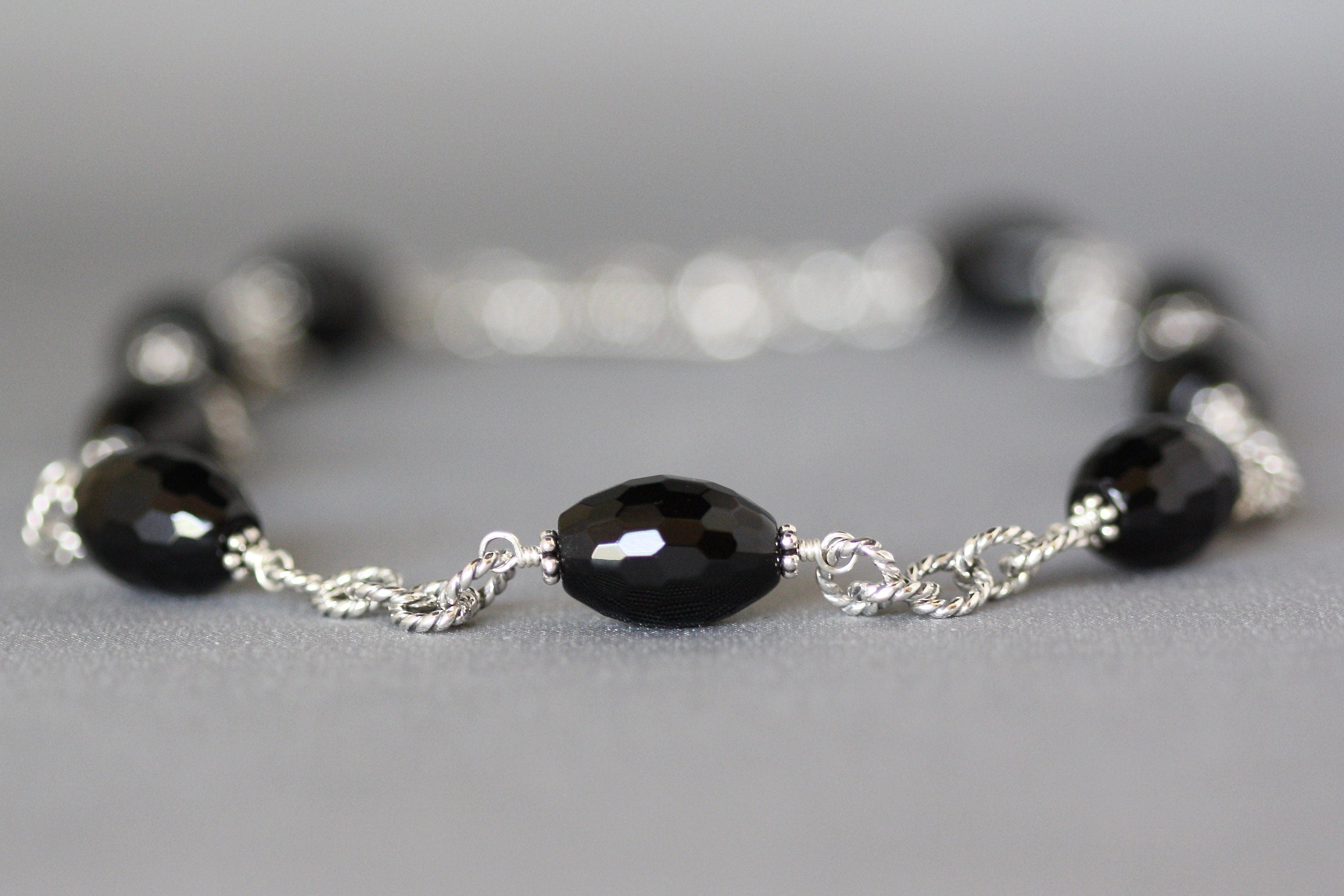 Black Onyx Barrel Stone Necklace and Earring Set in Sterling Silver