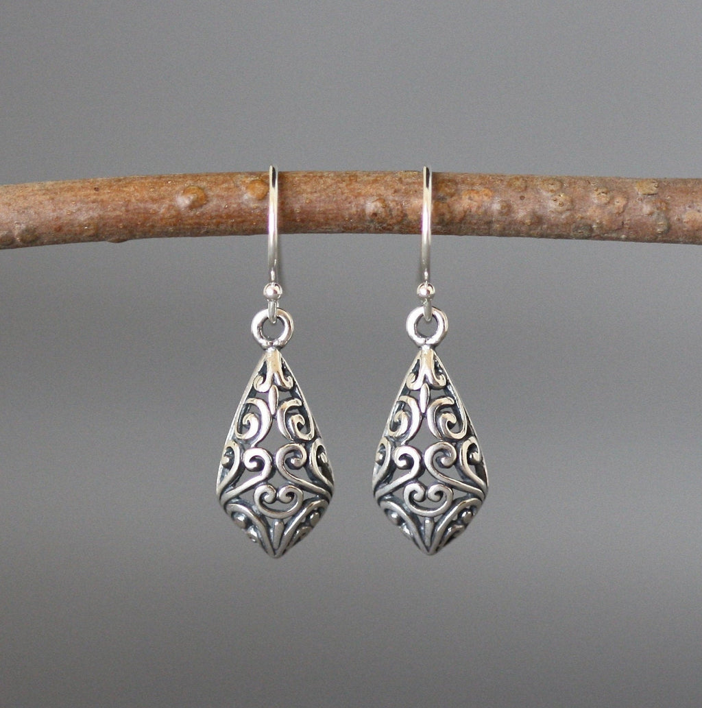 Oxidized Bali Sterling Silver Filigree Dangle Earrings