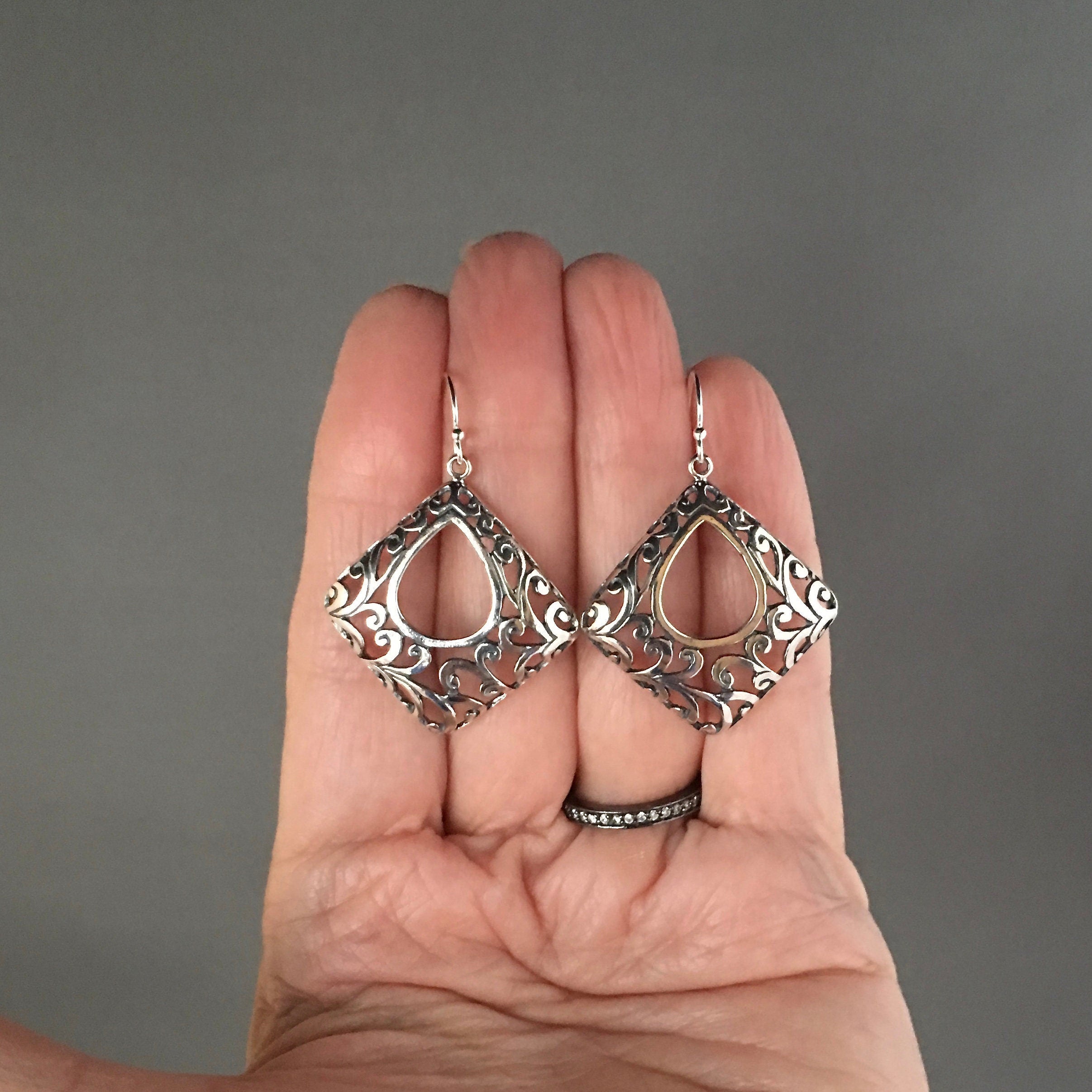 Large Bali Sterling Silver Filigree Statement Dangle Earrings