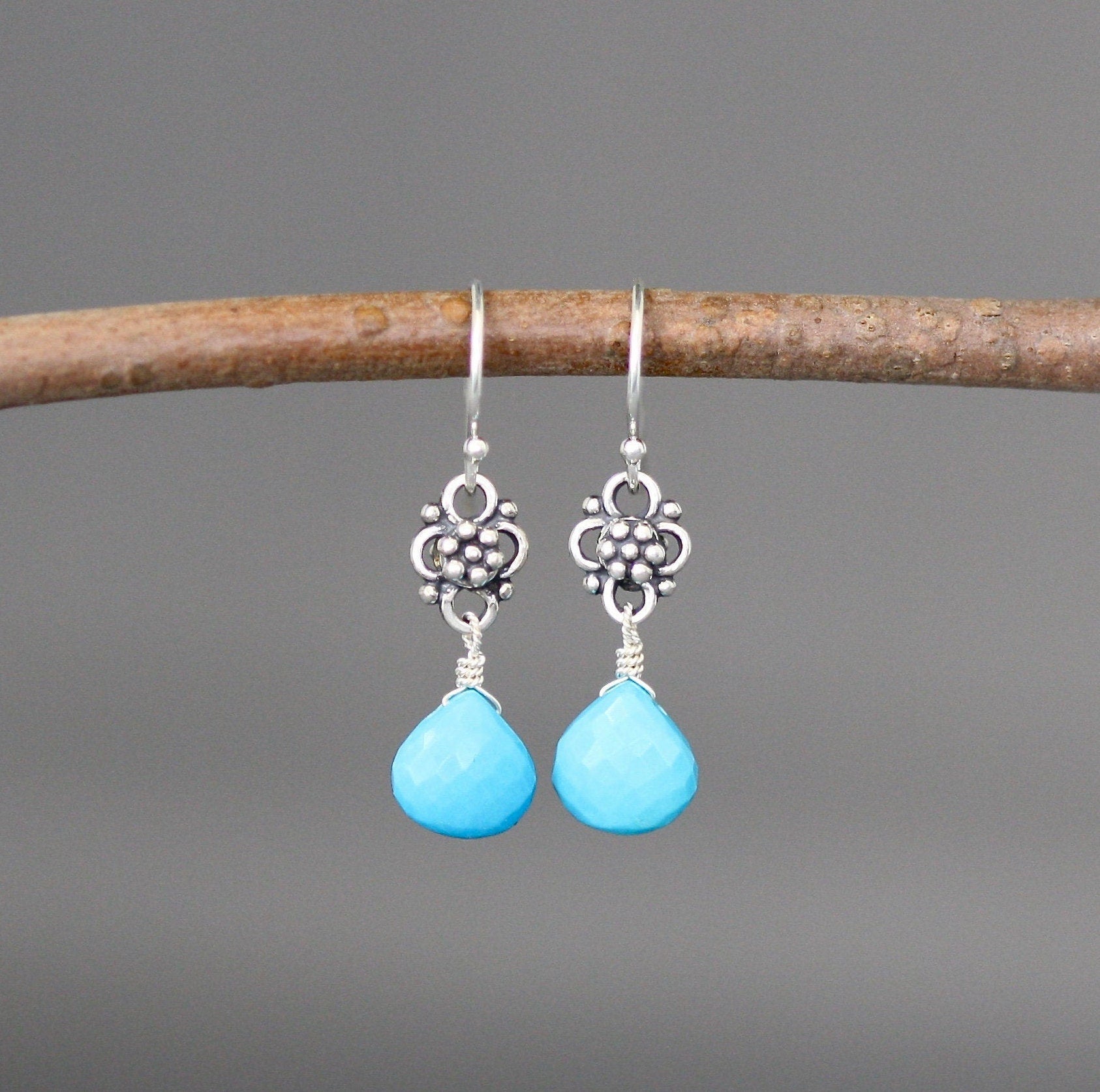 Turquoise Teardrop Dangle Earrings on Bali Silver Links