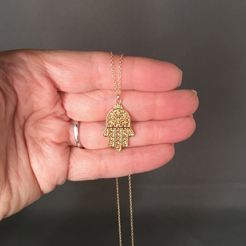 Gold Vermeil Hamsa Hand Pendant Necklace on Gold Filled Chain