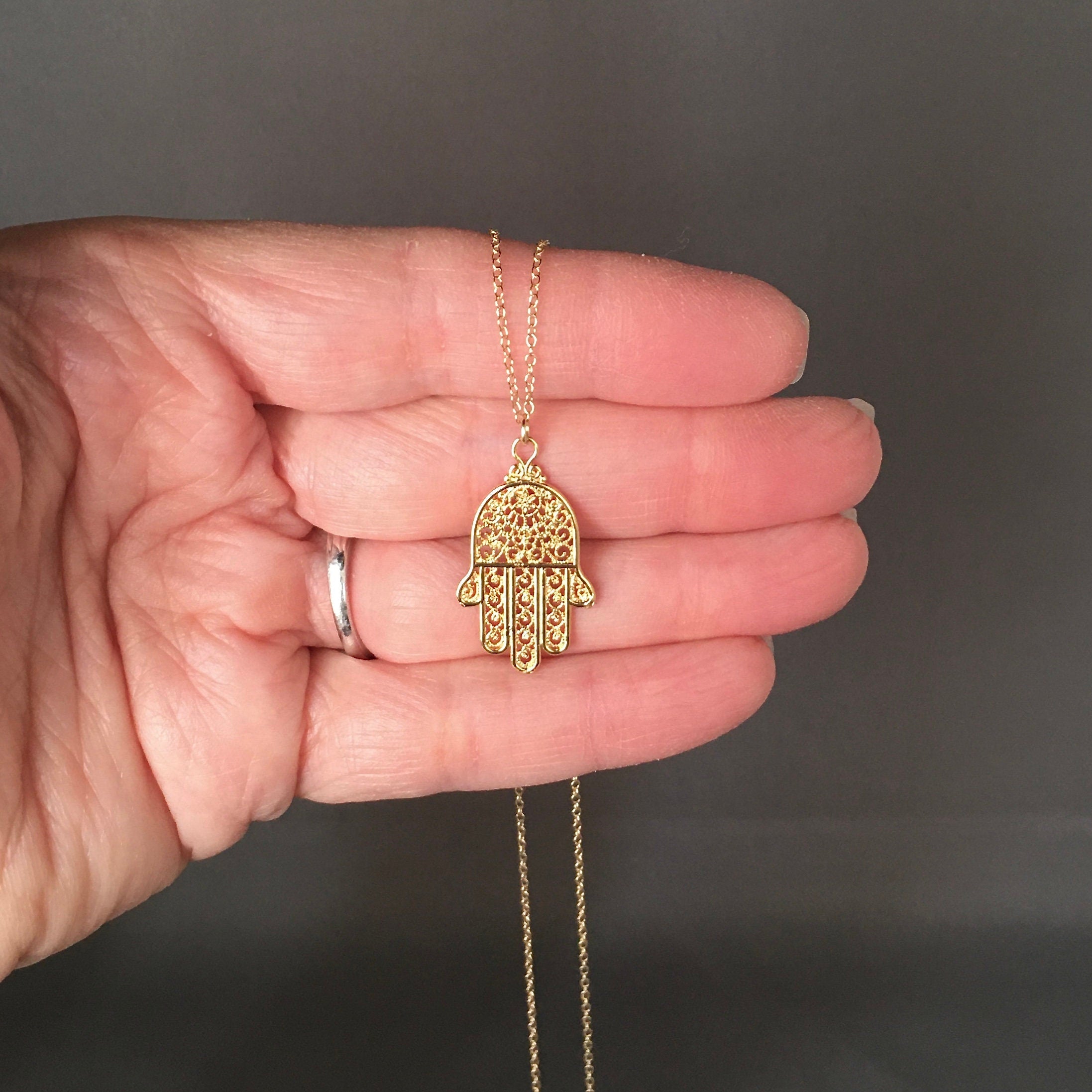 Gold Vermeil Hamsa Hand Pendant Necklace on Gold Filled Chain