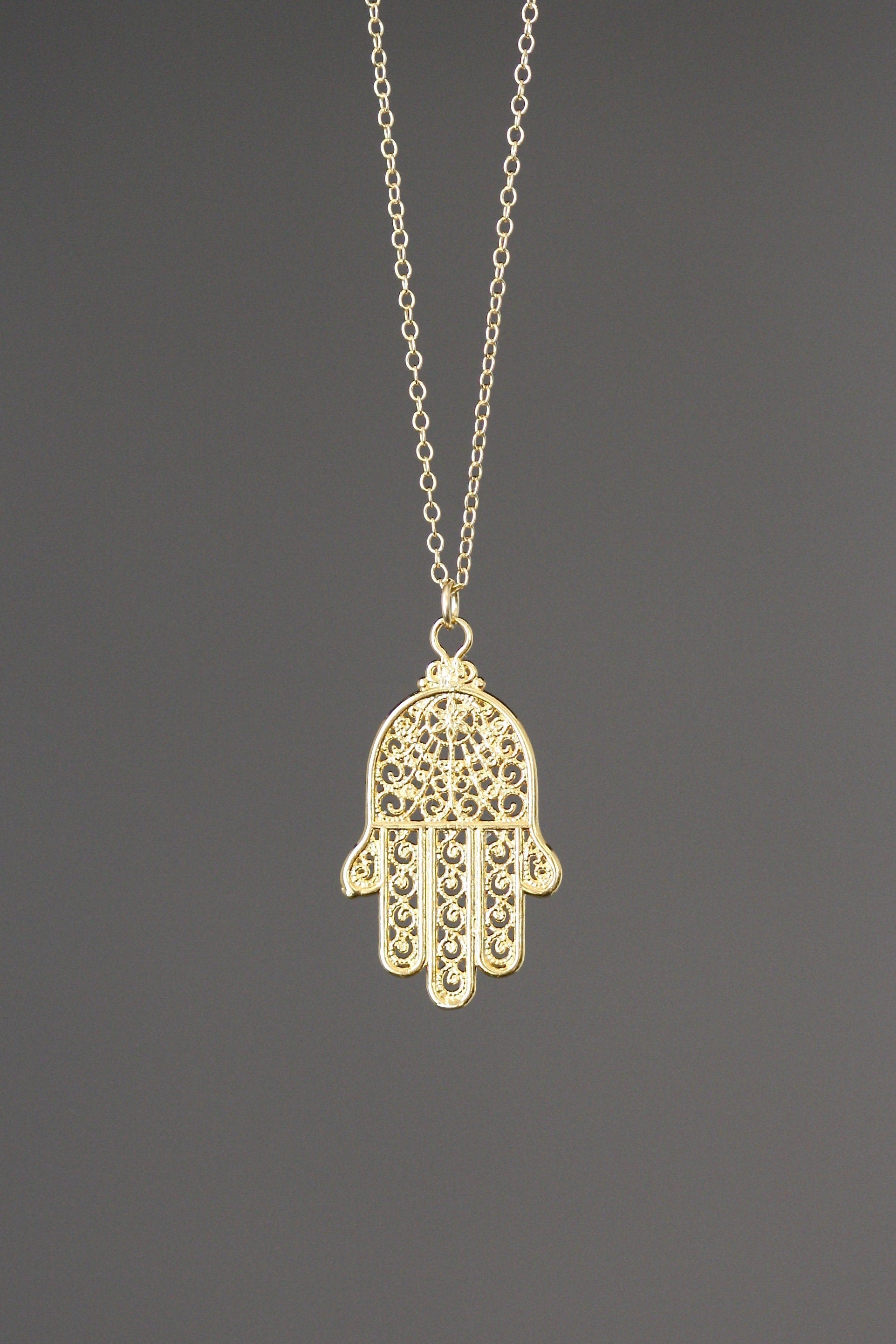 Gold Vermeil Hamsa Hand Pendant Necklace on Gold Filled Chain