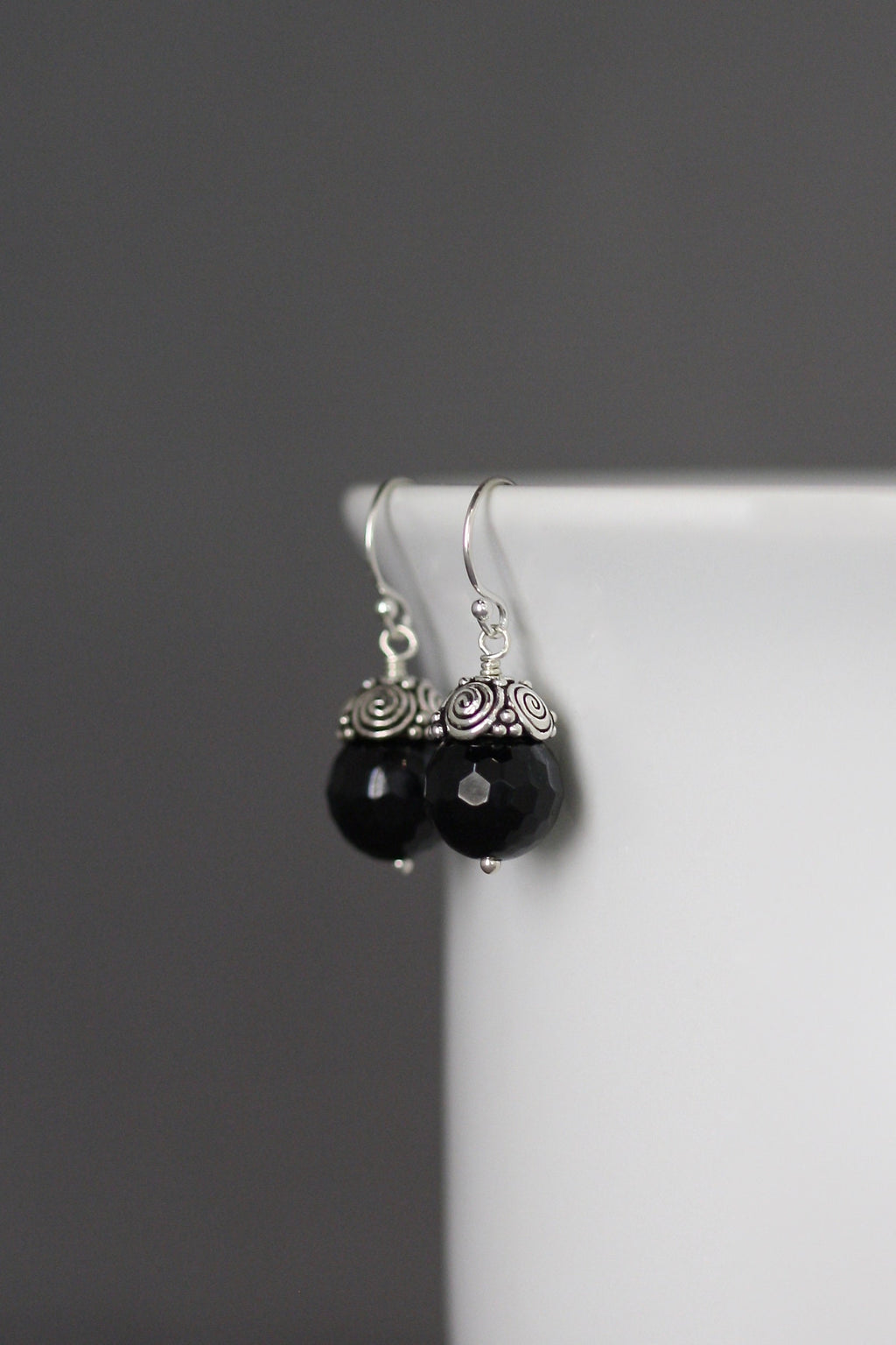 Black Onyx and Bali Sterling Silver Cap Dangle Earrings