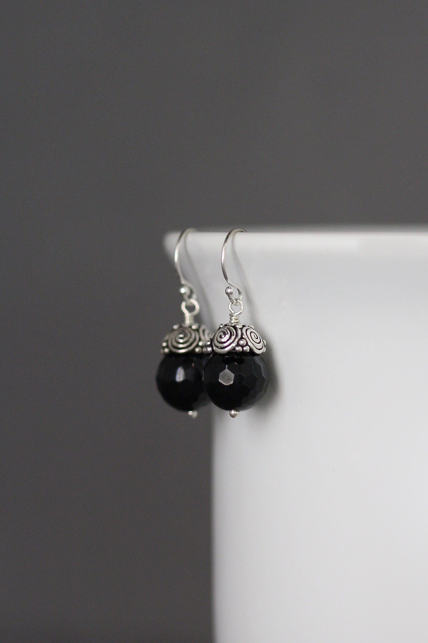Black Onyx and Bali Sterling Silver Cap Dangle Earrings