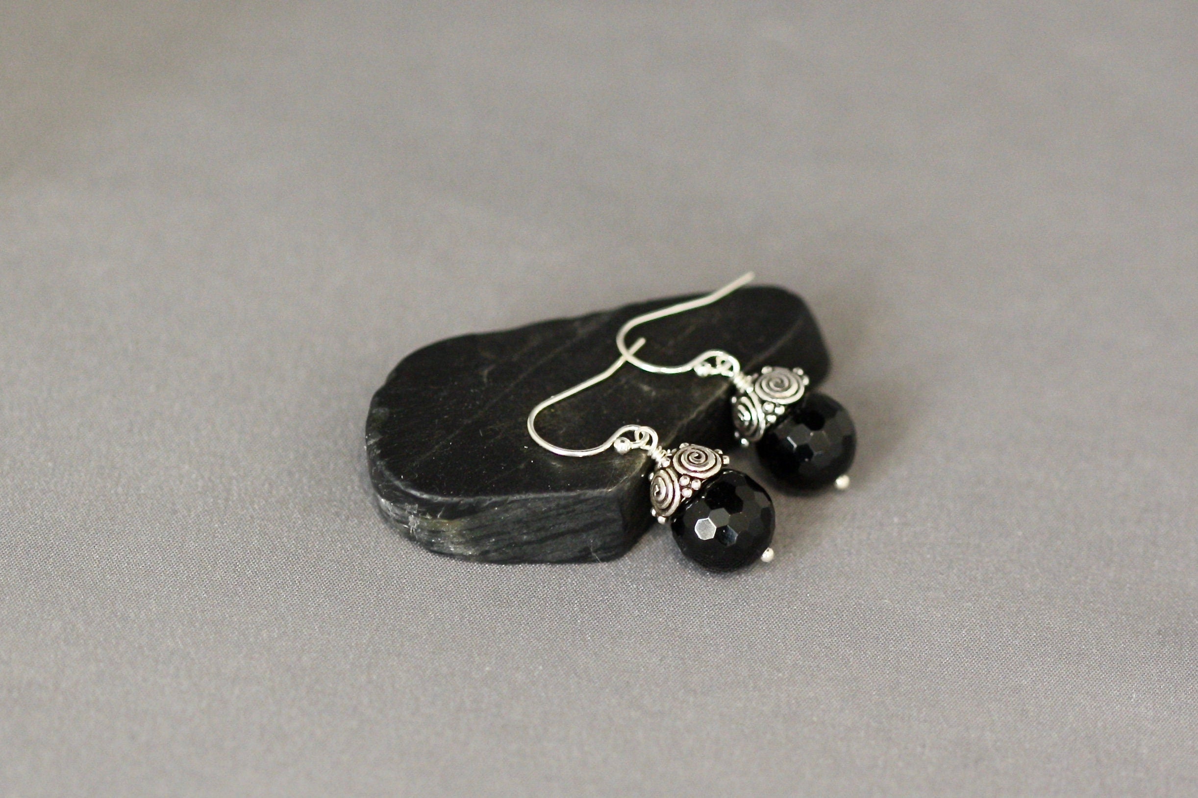 Black Onyx and Bali Sterling Silver Cap Dangle Earrings