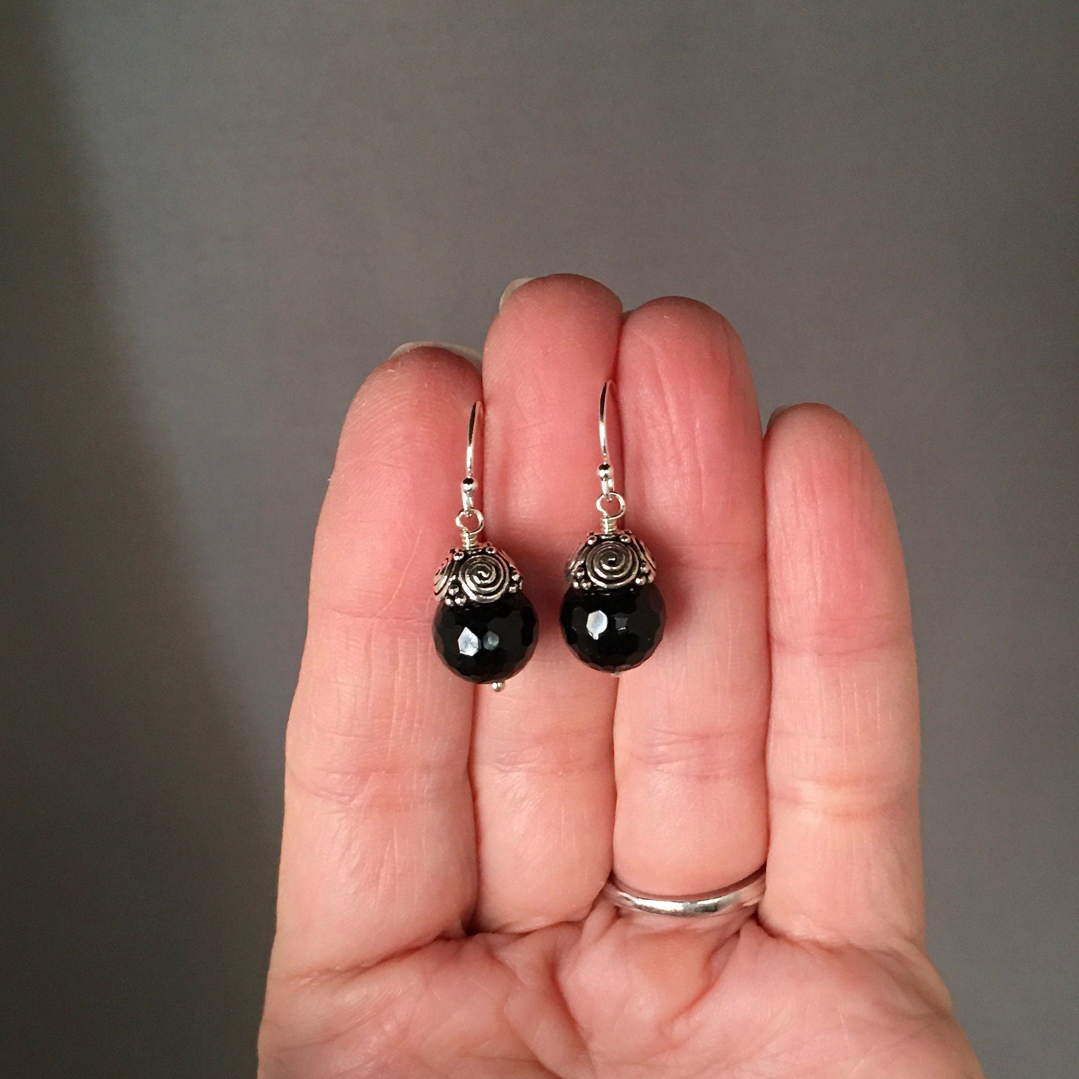 Black Onyx and Bali Sterling Silver Cap Dangle Earrings