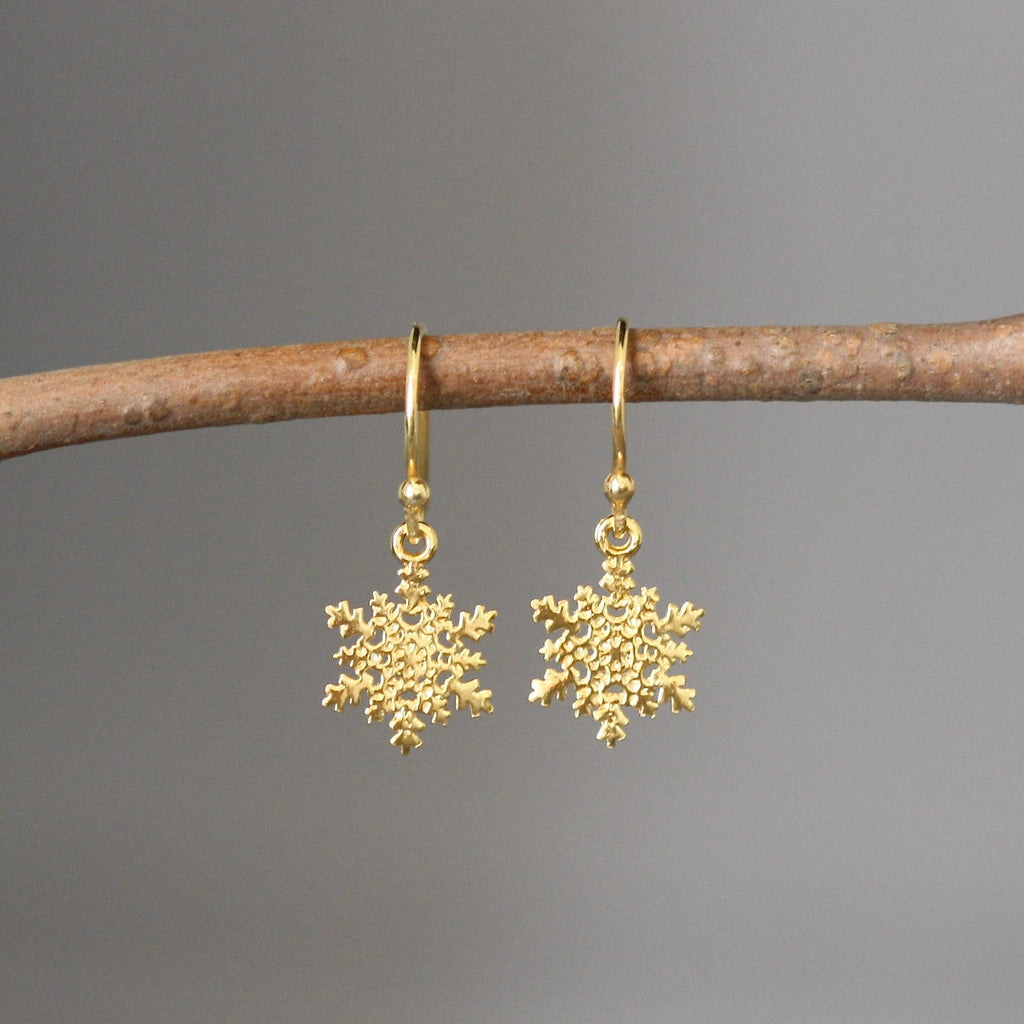 Shiny Gold Vermeil Snowflake Charm Dangle Earrings